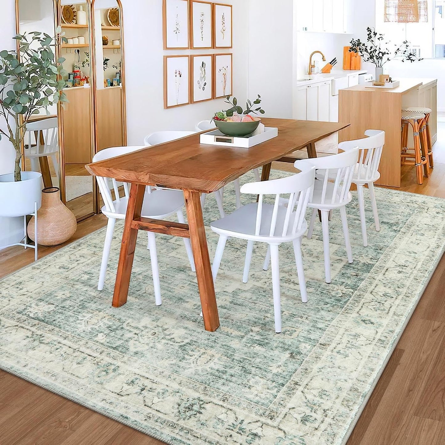 LIVEBOX Washable Area Rug 6x9 Rugs for Living Room Dining Room Under Table, Non-Slip Boho Indoor Carpet for Bedroom, Low-Pile Farmhouse Soft Carpets for Nursery Playroom, Sage Green