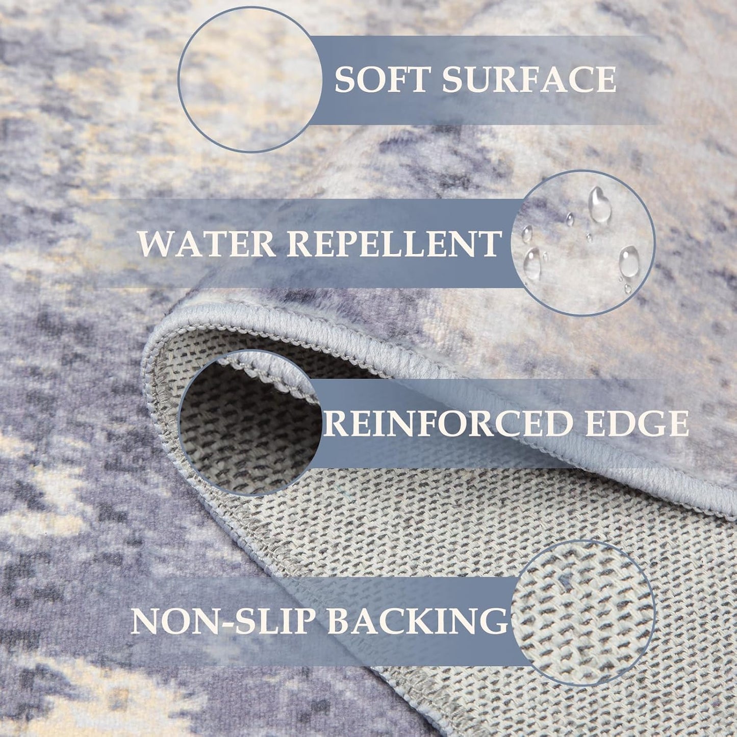 Washable Area Rugs 6'x9' Non-Slip Modern Abstract Soft for Living Room Entryway Bedroom Nursery, Print Pattern, Purple Grey Cream Yellow