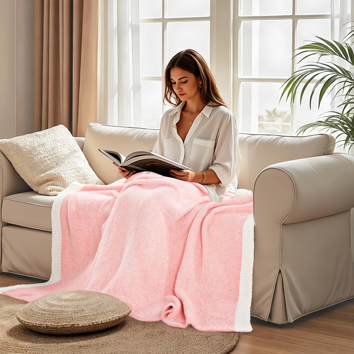 NEXHOME PRO Soft Blankets Pink, Cozy Throw Blanket for Couch, Warm Reversible Knit Blanket for Women, Fuzzy Lightweight Throws for Sofa, Bed, Picnic, Heather Hot Pink, 50 x 60 inches