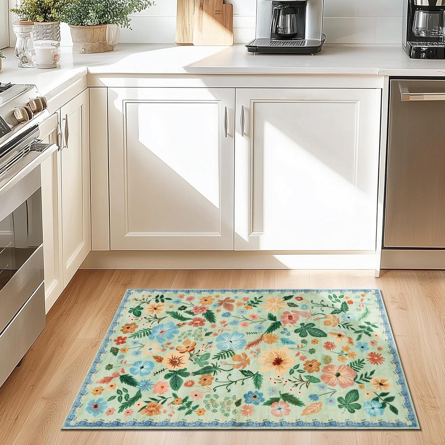 Door Mat Indoor Entrance 2x3 Area Rug Washable Boho Vintage Flower Pattern Non Slip Kitchen Rugs Cute Sage Green Stain Resistant Sound Absorbing Small Carpet Rug for Entryway Kitchen Bedside Bathroom