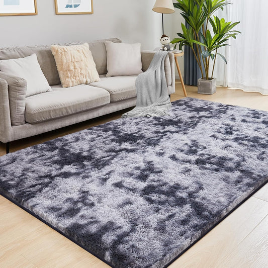 6x9 Area Rugs for Living Room, Fluffy Shaggy Bedroom Rug Indoor Carpet, Anti-Skid Soft High Pile Rug for Nursery, Kids Room, Bedside, Home Decoration, Tie-Dyed Dark Grey