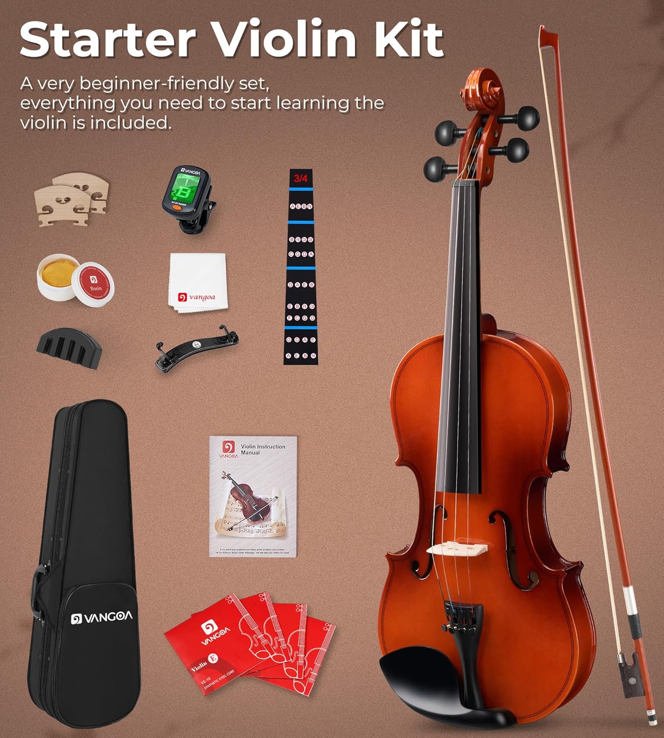Vangoa 3/4 Violin Beginner Set, Fiddle Acoustic Violins Kit for Adults Kids, Starter Violin Bundle with Hard Case, Tuner, Rosin, Shoulder Rest, Bow, Mute, Strings, Notes Sticker