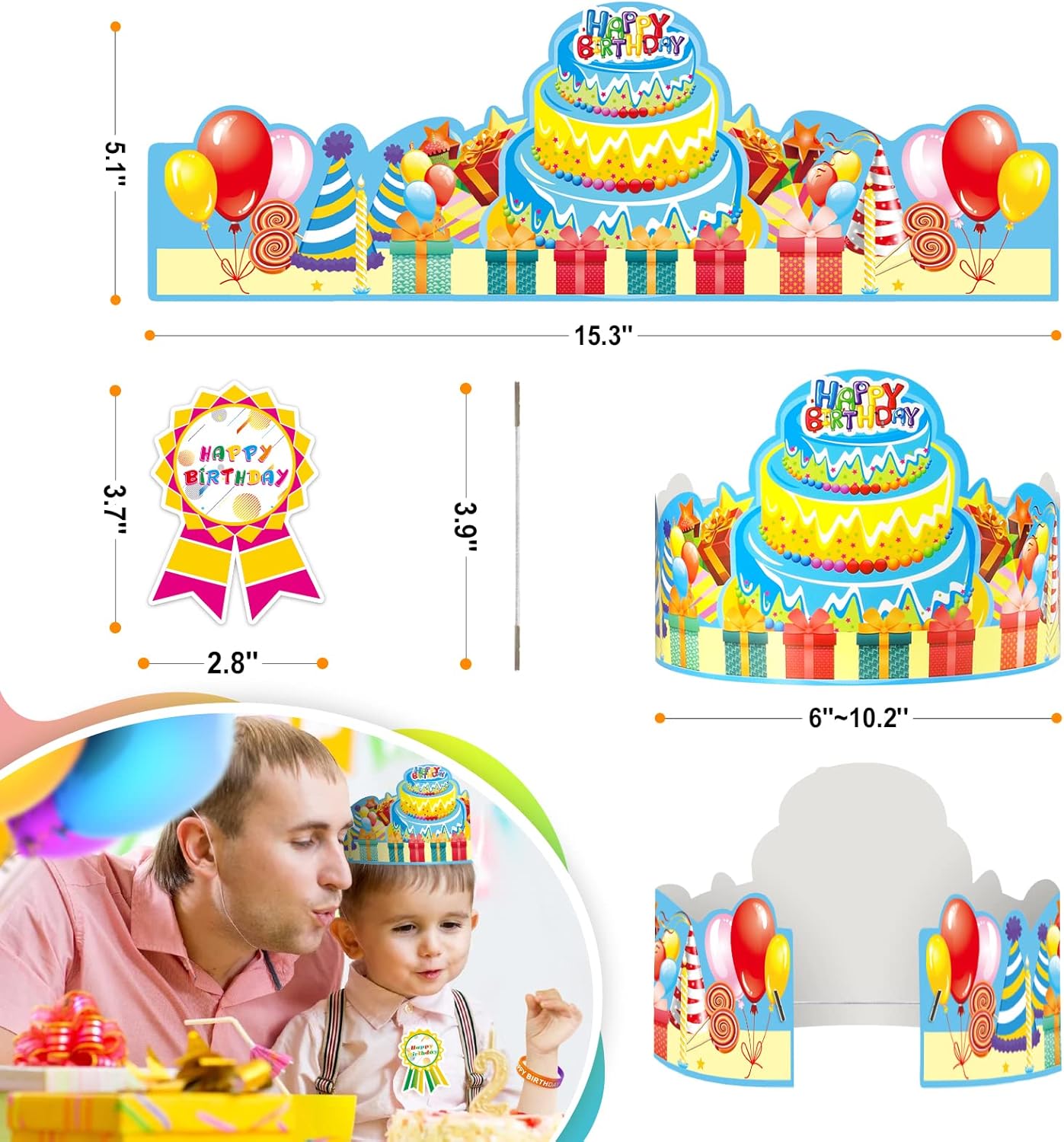 90 Pcs Happy Birthday Kits for Kids Classroom, Include Happy Birthday Crowns, Silicone Stretches, Badge Stickers, Students Kindergarten Birthday Party Hats for School Teacher Classroom Party Supplies