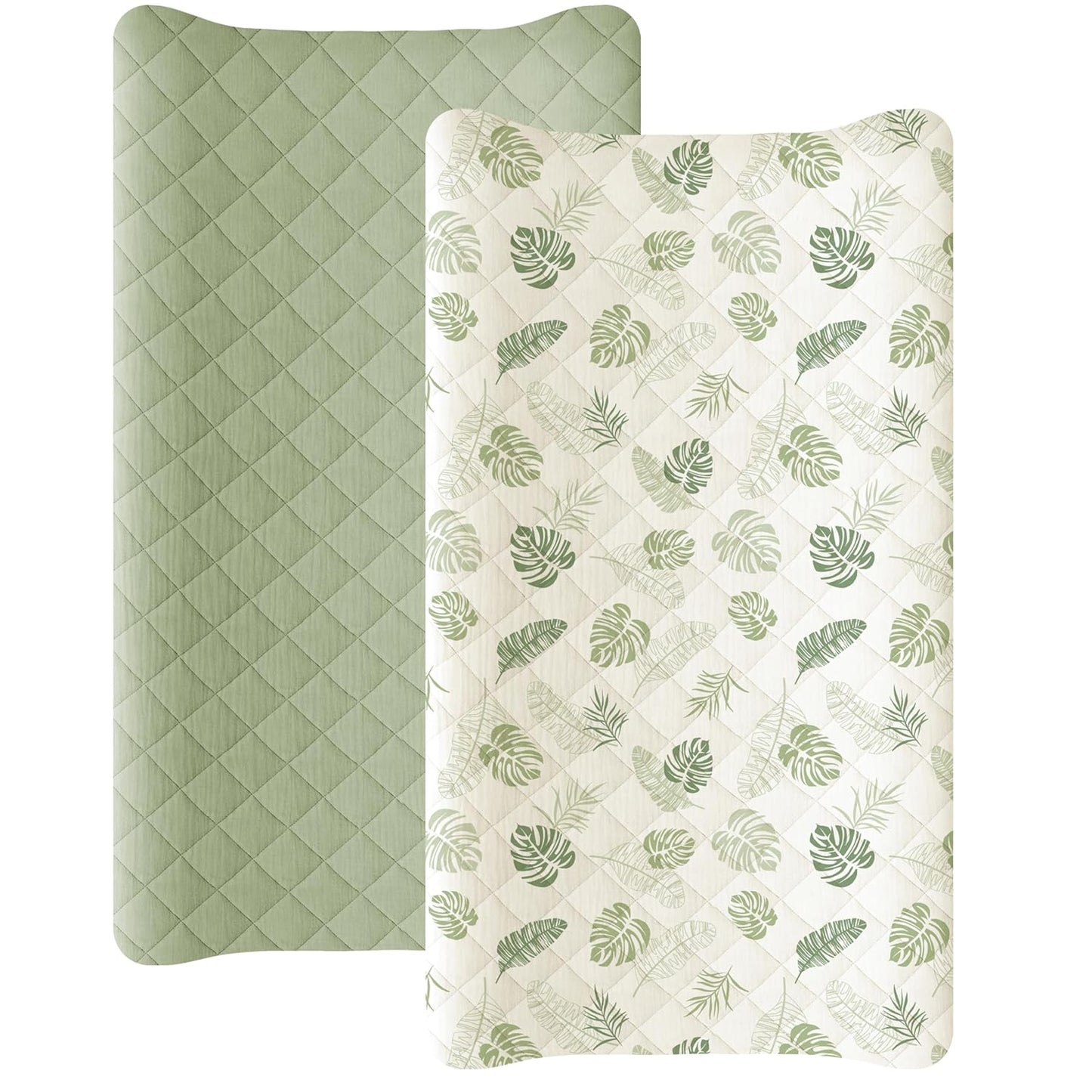 Konssy Waterproof Muslin Changing Pad Cover 2 Pack, Quilted Cotton Fitted Diaper Changing Table Cover, Soft Changing Pad Sheets for Girls Boys (Palm Paradise,Sage)