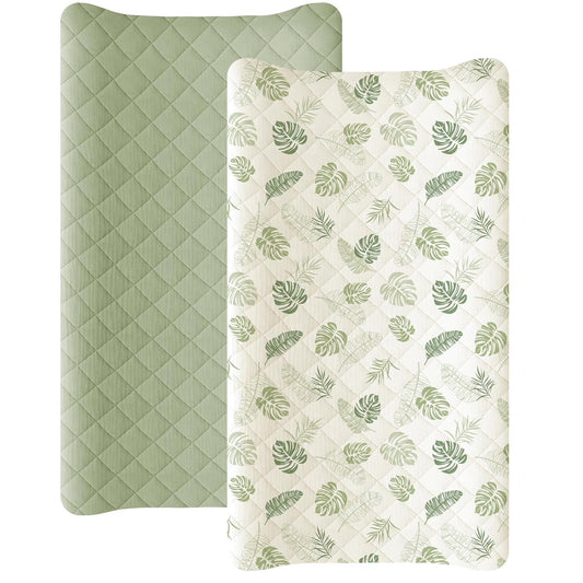 Konssy Waterproof Muslin Changing Pad Cover 2 Pack, Quilted Cotton Fitted Diaper Changing Table Cover, Soft Changing Pad Sheets for Girls Boys (Palm Paradise,Sage)
