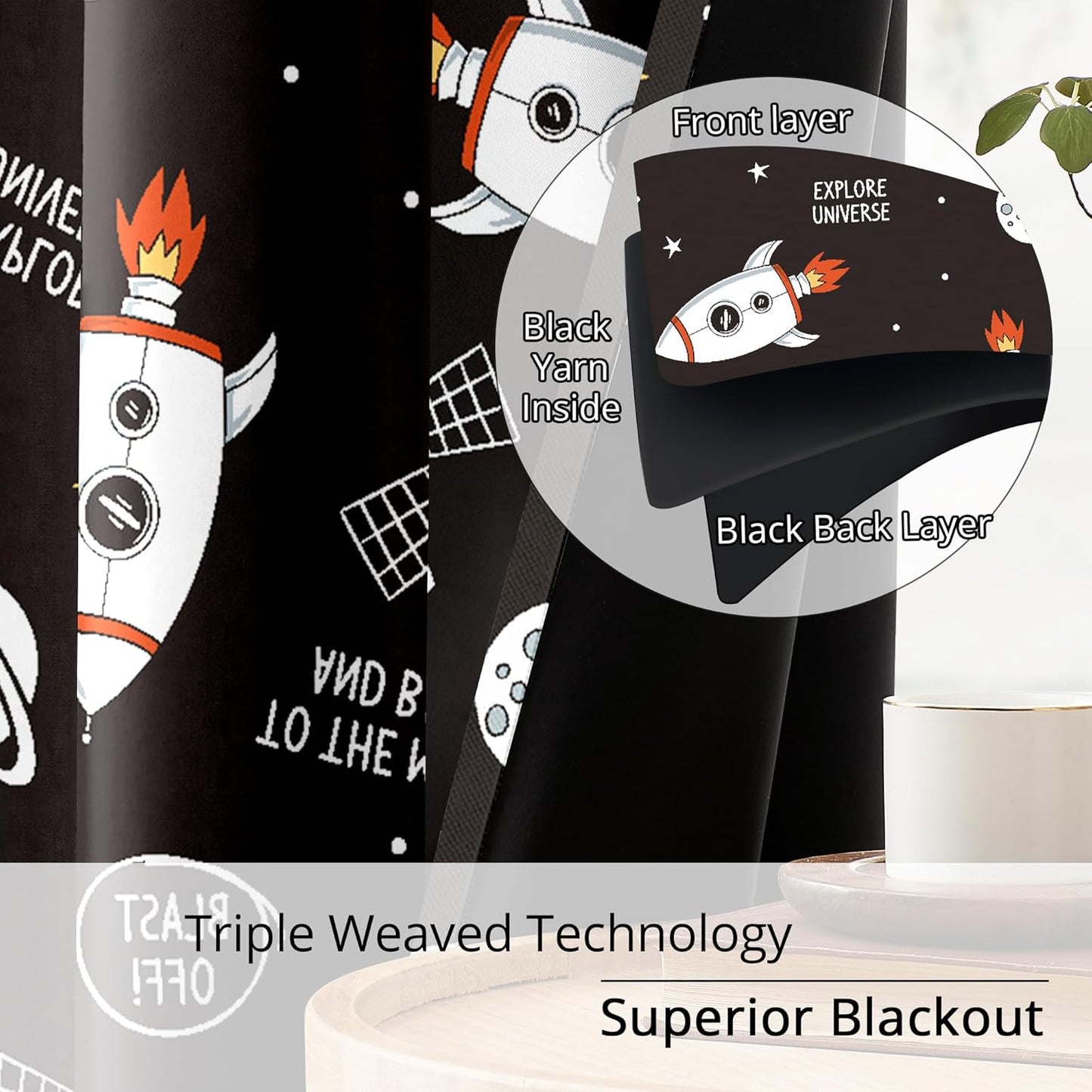 Kids Space Rocket Blackout Curtains - 100% Blackout, Thermal Insulated, Noise Reducing, Perfect for Kids Room and Nursery, 2 Panels (Blast-Off Moon Mission, W52×L84)