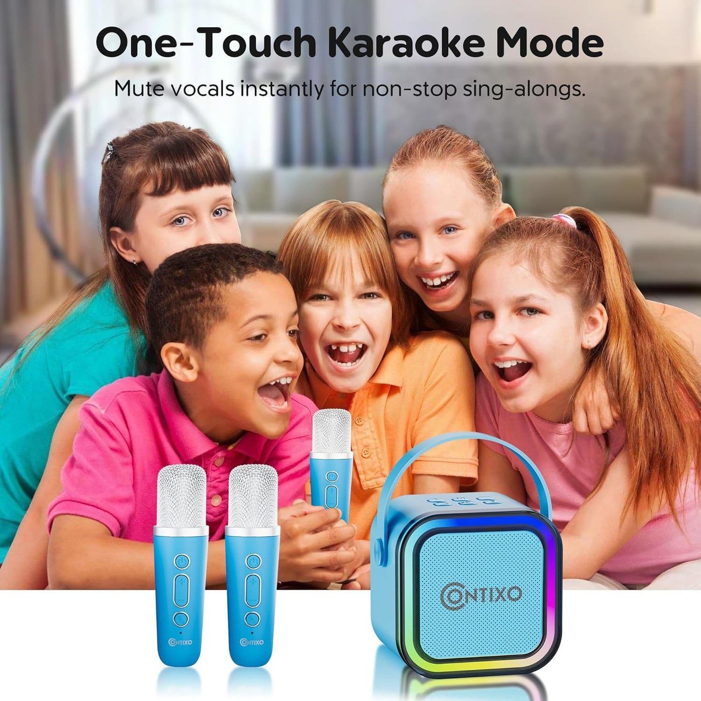 Contixo KS1A Kids Mini Karaoke Machine with LED Lights, 7–10H Playback, Dual Wireless Mics, Magic Voice Effects, Bluetooth Speaker for Children, Portable Singing Toy Gift for Boys & Girls, Blue