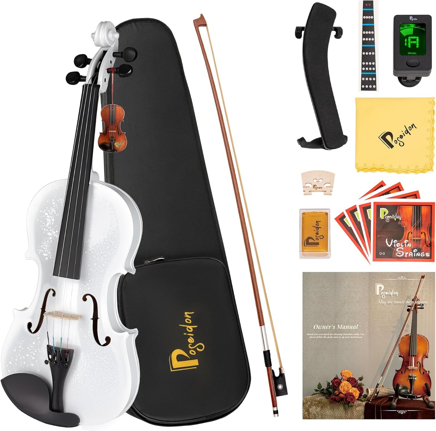 Poseidon Violin for Beginner, Glossy White Violin Set with Acoustic Violin Fiddle for Students Violin Starter Kit/Hard Case, Bow, Rosin, Horse Bridge, Extra Strings, Shoulder Rest, Tuner, Manual