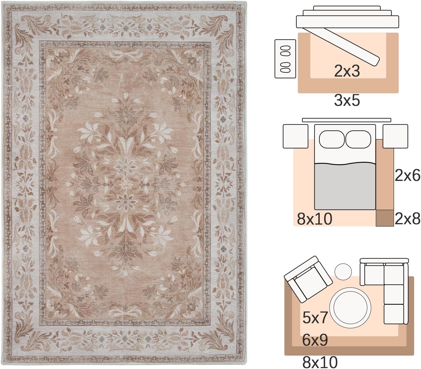 jinchan Floral 2x3 Rugs for Entryway - Vintage Washable Area Rug Ultra-Thin Low Pile Soft Small Non Slip Distressed Indoor Door mat Accent for Entrance Kitchen Bedroom (2x3ft,Coral Pink)