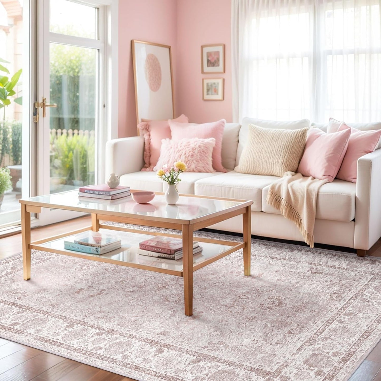 Light Pink Area Rugs 3x5 Nursery Rug for Baby Girl Neutral Floral Area Rug for Living Room, Vintage Boho Washable Rug Indoor Carpet for Bedroom Dining Room