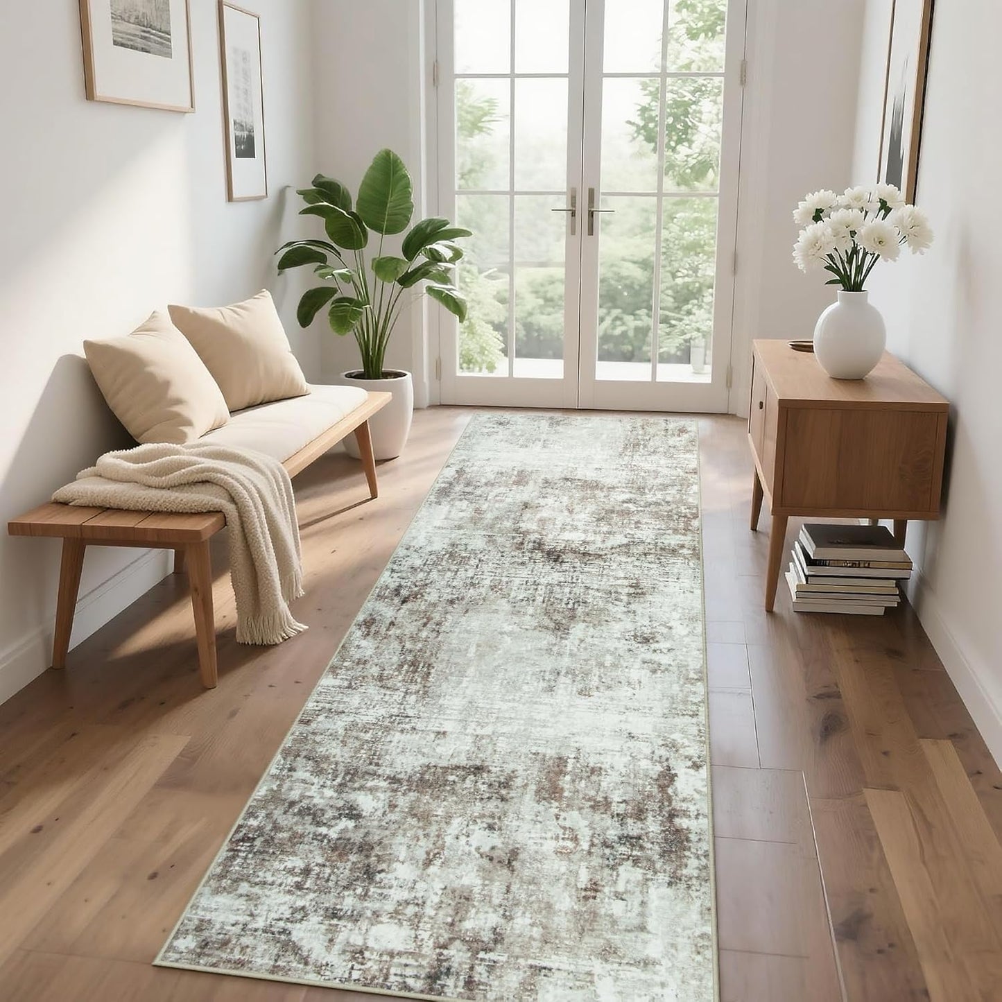 Runner Rug for Hallways Kitchen 2'6"x8' Washable, Non Slip Carpet 8ft Area Rugs Entryway Rubber Backed 8 Feet Neutral Abstract Modern Low Pile Indoor Brown Grey