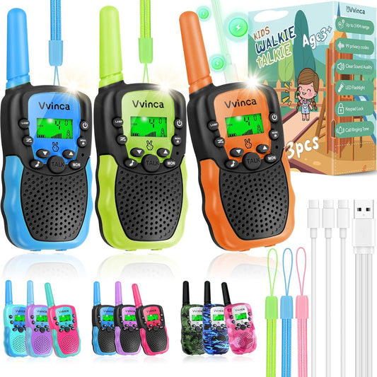 Vvinca Walkie Talkies for Kids Rechargeable 3 Pack, Toys for Boys Girls Age 3-13 Ourdoor Camping Birthday Gift, 3KM Long Range Walkie-Talkie 2 Way Radios 22 CH VOX with Li-ion Battery Flashlight