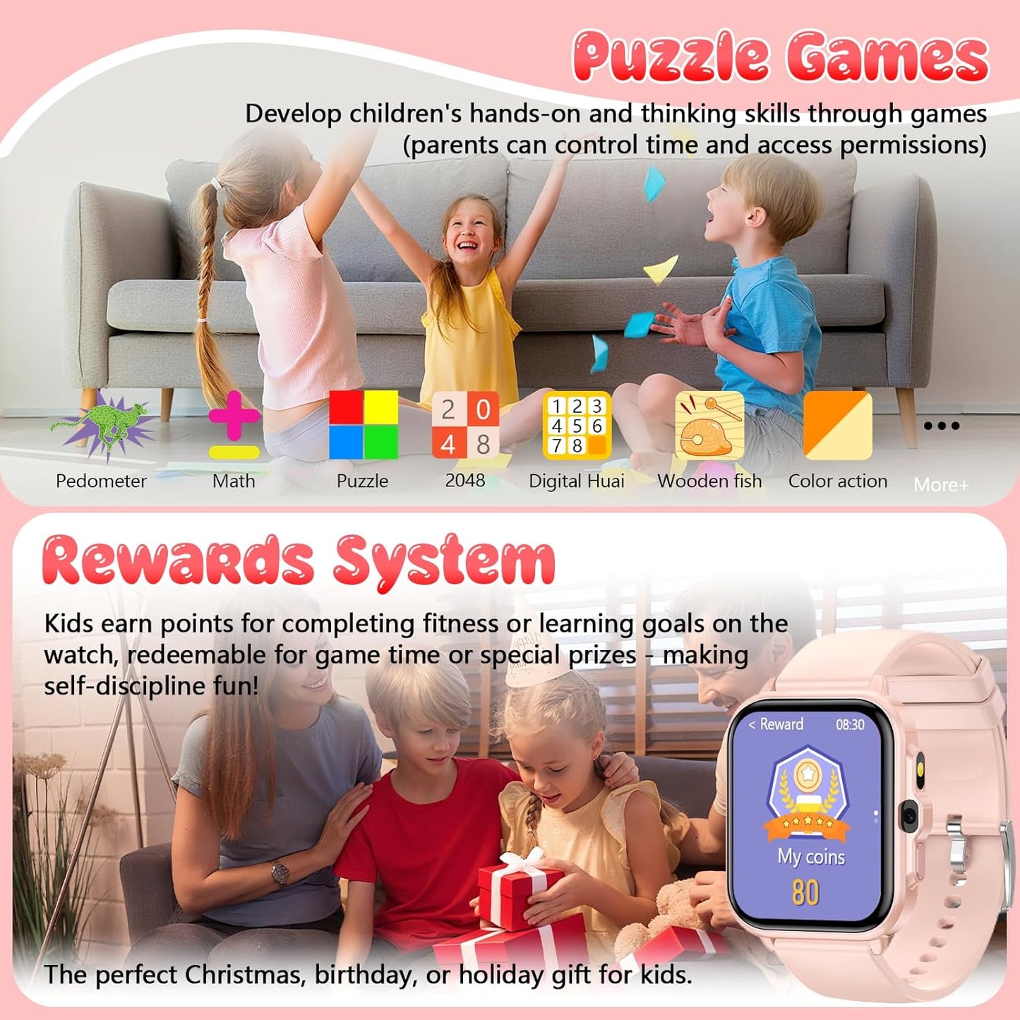 Smart Watch for Kids, 1.85" Fitness Tracker Pedometer Watch, Health, Sleep Monitor, Puzzle Games, Alarm Clock, Camera, Music Player, Torchlight, Activity, Gift Toys for 4 - 13 Years Old Boys and Girls