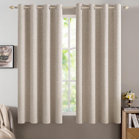 MIULEE Linen Textured Curtains for Bedroom Solid 100% Blackout Thermal Insulated Natural Grommet Room Darkening Curtains & Drapes Luxury Decor for Living Room Nursery 52 x 45 Inch (2 Panels)