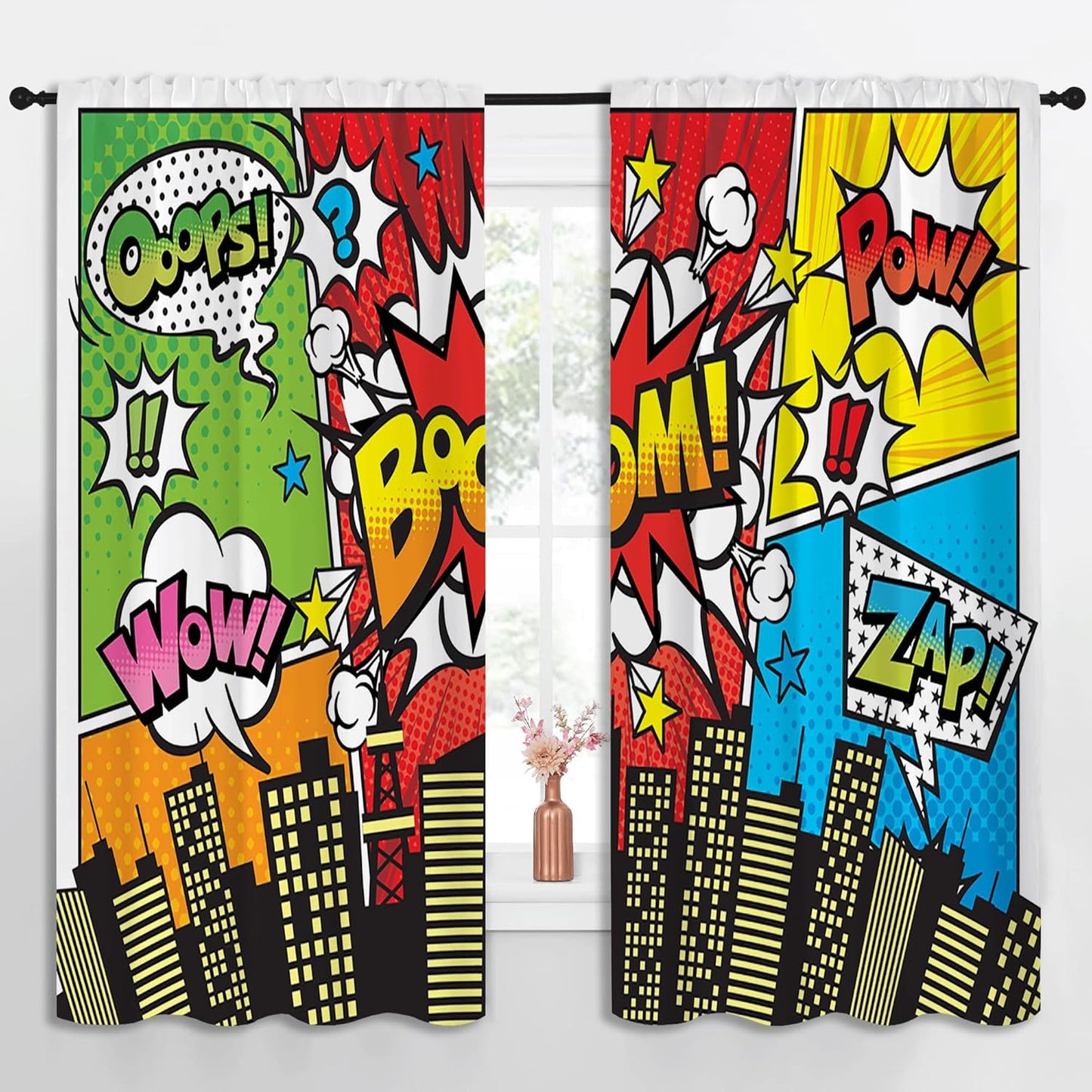 Superhero City Wars Explosion Rod Pocket Blackout Curtains for Boy Girl Bedroom, Colorful Comics Ar Home Energy Efficient Light Filtering Window Curtain for Living Room, 63x63 inch