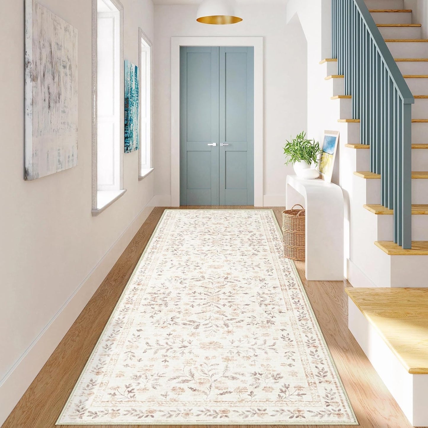 Runner Rug for Hallways 2x6, Washable Boho Runner Rug Non-Slip Kitchen Runner, Soft Low Pile Floral Carpet Runners for Hallway, Bedroom, Bathroom, Laundry, Staircase, Foyer(2'x6', Floral Beige)