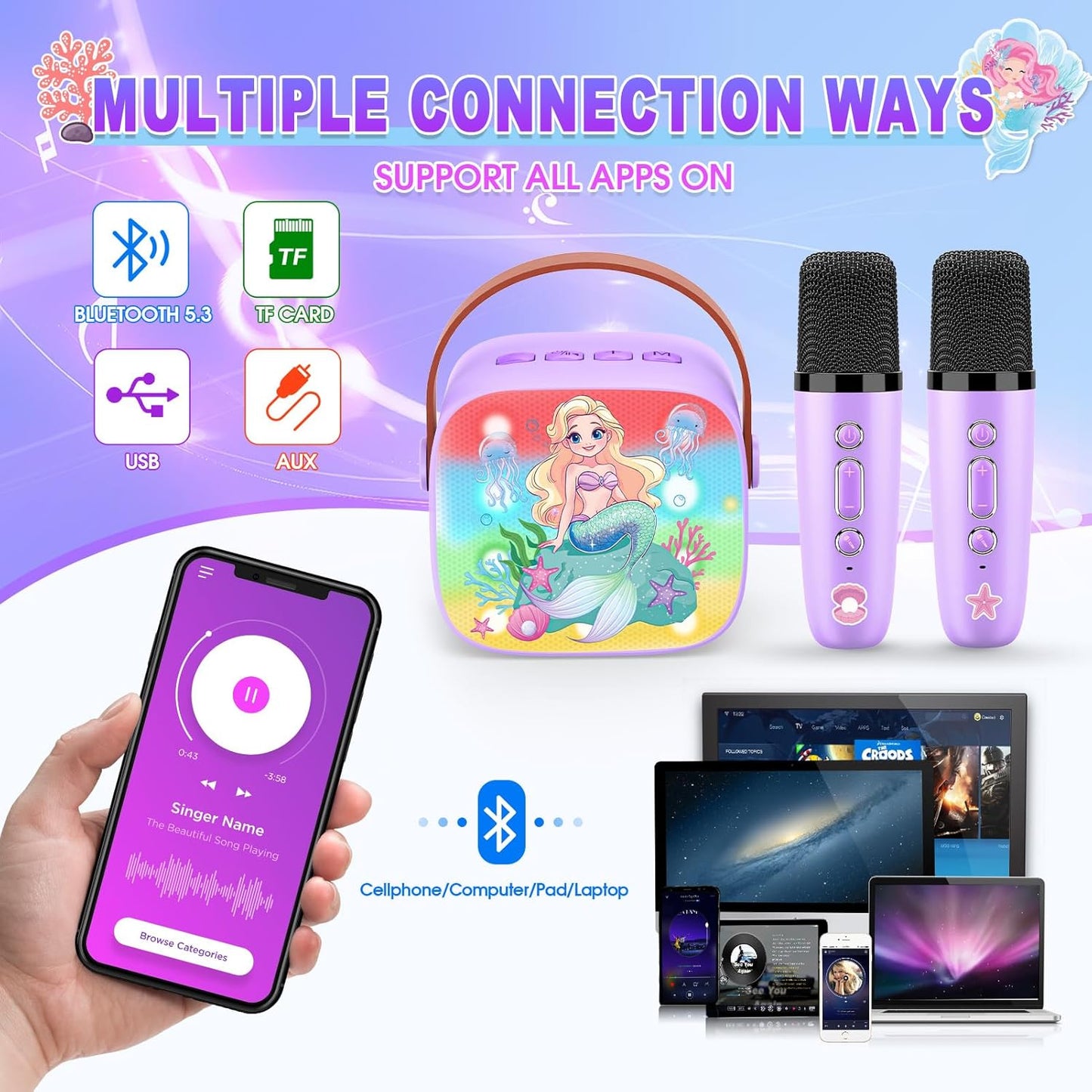 Mermaid Mini Karaoke Machine Toys: Kids Toys Girls Birthday Gifts Age 3-12+ LED Portable Bluetooth Speaker with 2 Wireless Microphone Gift Toy for 4 5 6 7 8 9 Years Old Girl Boy Kid Adult