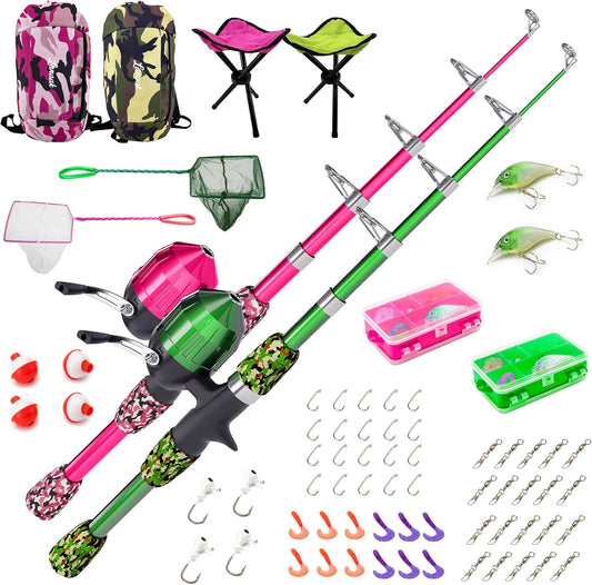 Kids Fishing Pole, Kids Portable Telescopic Fishing Rod Set, Tackle Box and Fishing Net Combo Kit, Kids Fishing Gear for Boys and Girls Age 5-10 and Youth