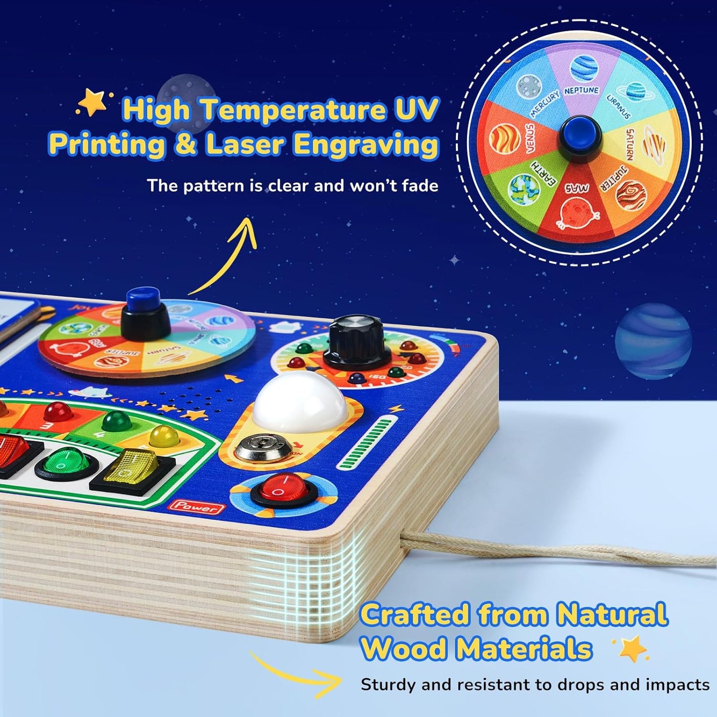 JoyCat Busy Board with Led Light, Toddler Toys for 1 2 3 4 Year Old Boys and Girls, Wooden Sensory Toys with Music, Travel Toy for Toddlers 1-3, Birthday Presents (Blue)