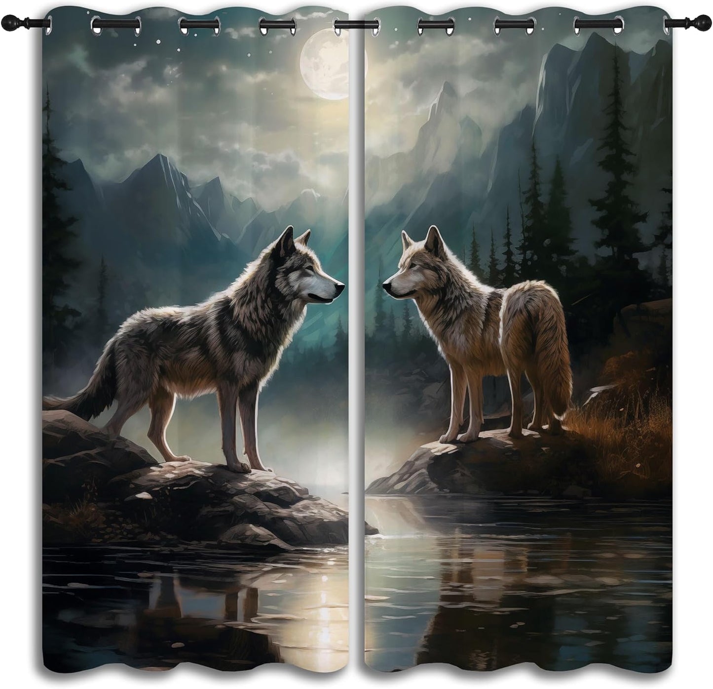 Wolf Blackout Curtains for Boys Girl Bedroom Decor,Moon Mountain Pine Forest Wild Animals Thermal Insulated Grommet Drapes Darkening Window Curtain for Living Room Home 84x84 inch
