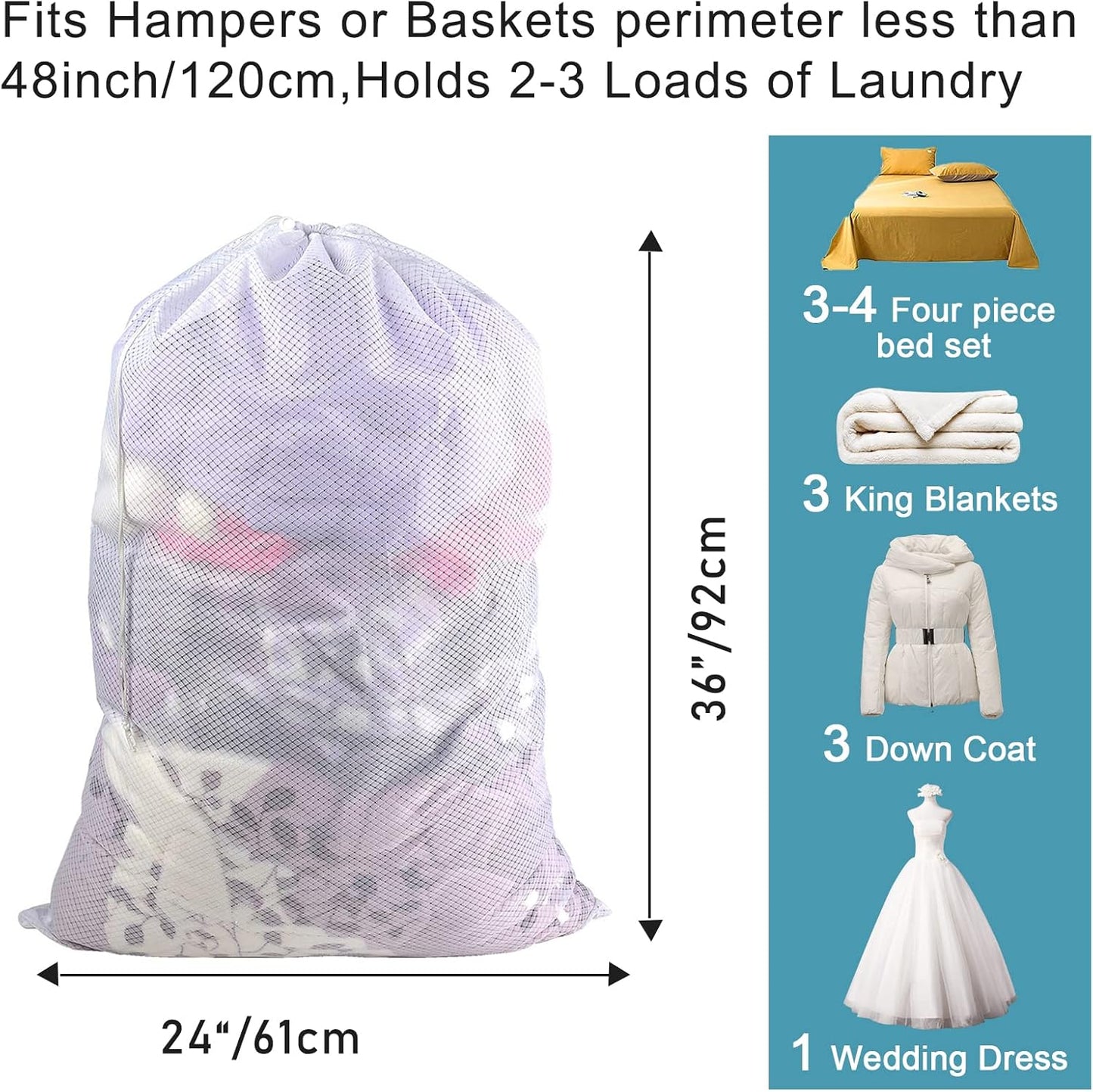 Polecasa Diamond Mesh Laundry Bags, 24 x 36 inches Heavy Duty Mesh Laundry Bag with Drawstring Closure and ID Tag, Large Laundry Hamper Liner, Laundry bag for College, Travel, Sports, Dorms,White