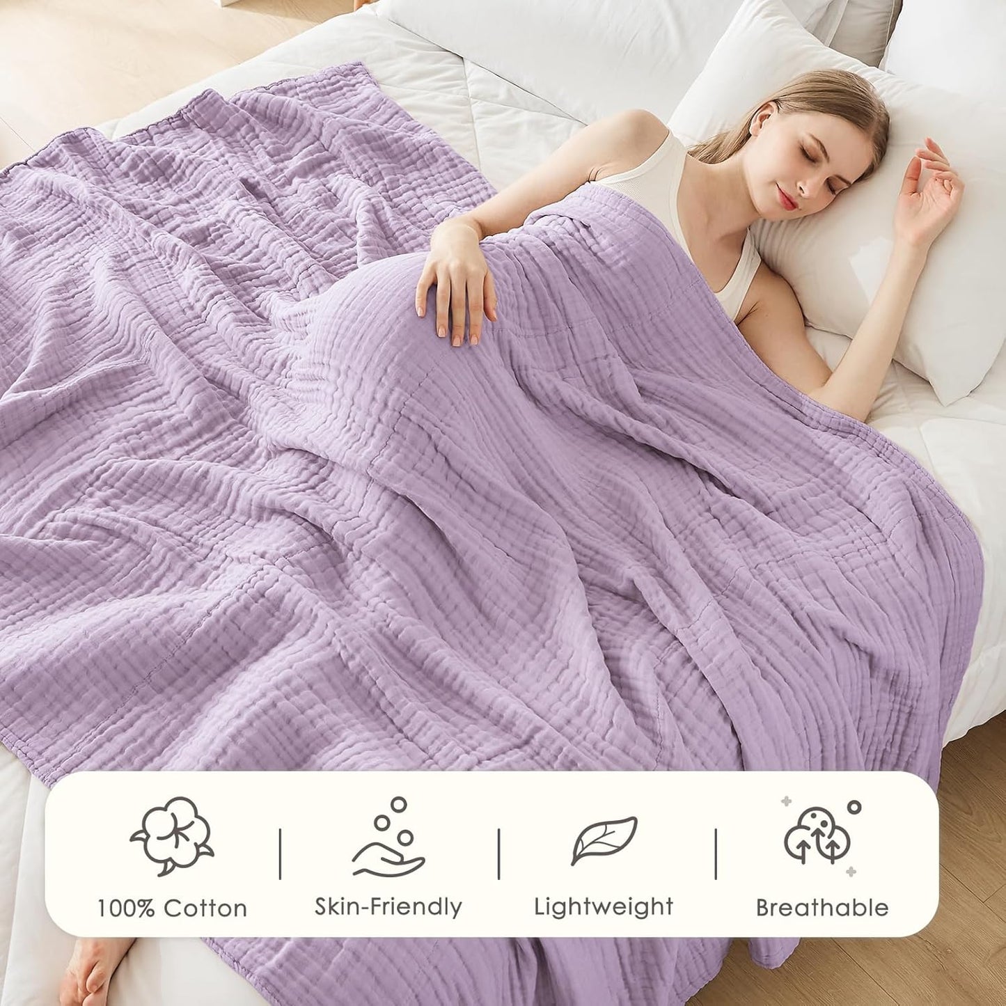 EMME Cotton Blanket Twin XL for Bed Soft Muslin Blankets 66"x90" Lightweight Breathable Layering Bedspread Coverlet All Season Gauze, Lavender
