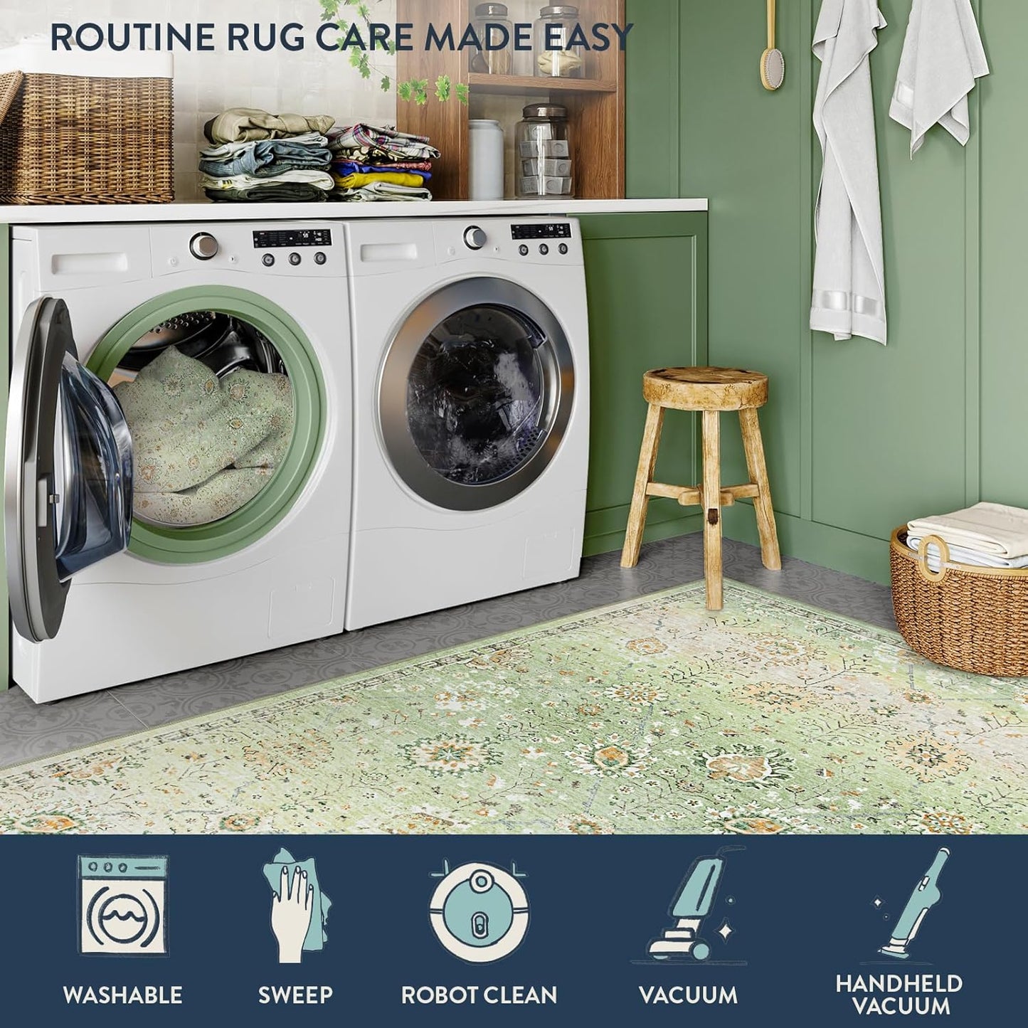 Lahome Sage Green Area Rug 8x10 for Living Room Bedroom, Soft Boho Floral Machine Washable Rugs, Non Slip Indoor Carpet for Nursery Playroom Indoor Home Decor