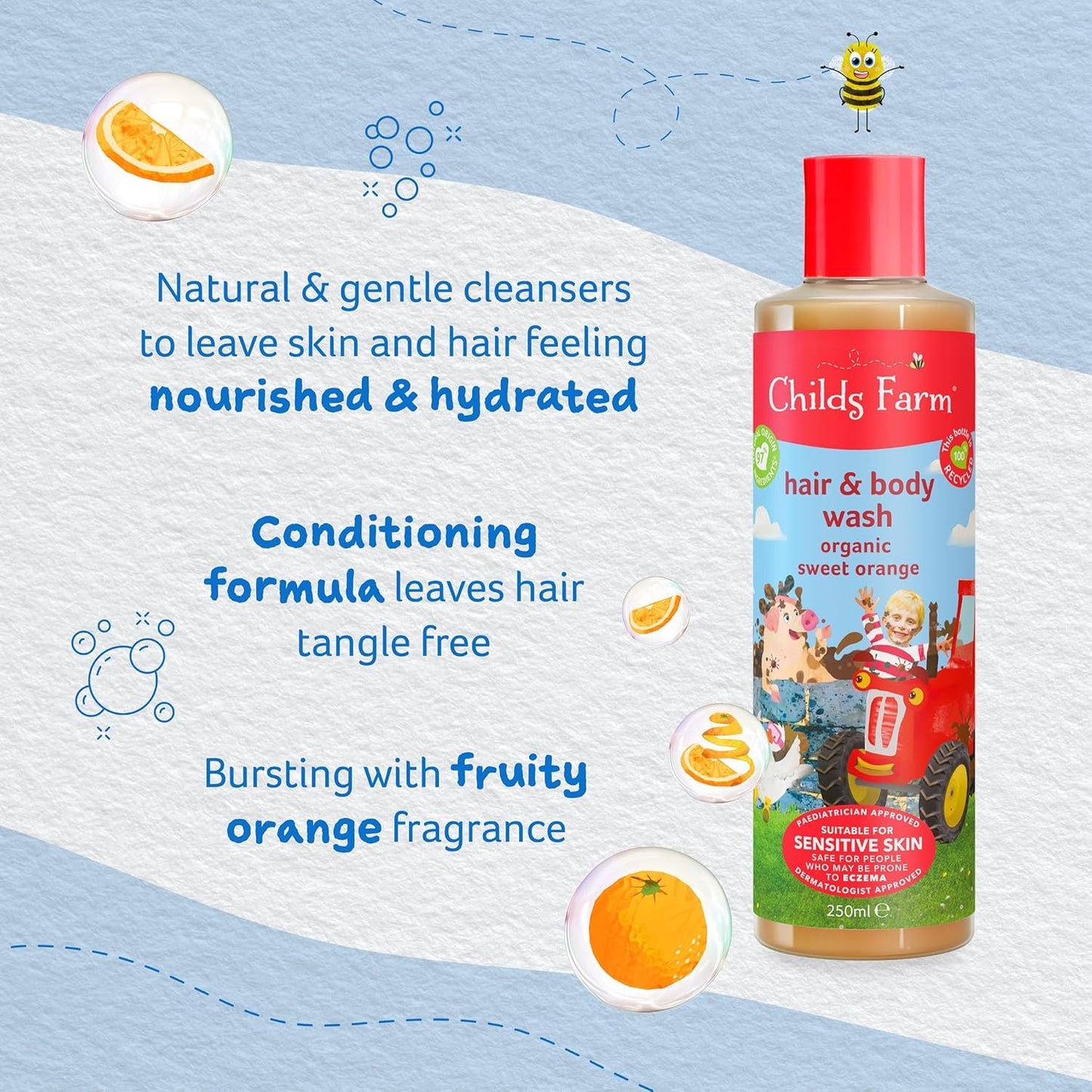 Childs Farm, Kids Hair & Body Wash for Dry, Sensitive Skin, Organic Sweet Orange, Gently Cleanses, Vegan, Cruelty-Free, 8.4 Fl Oz