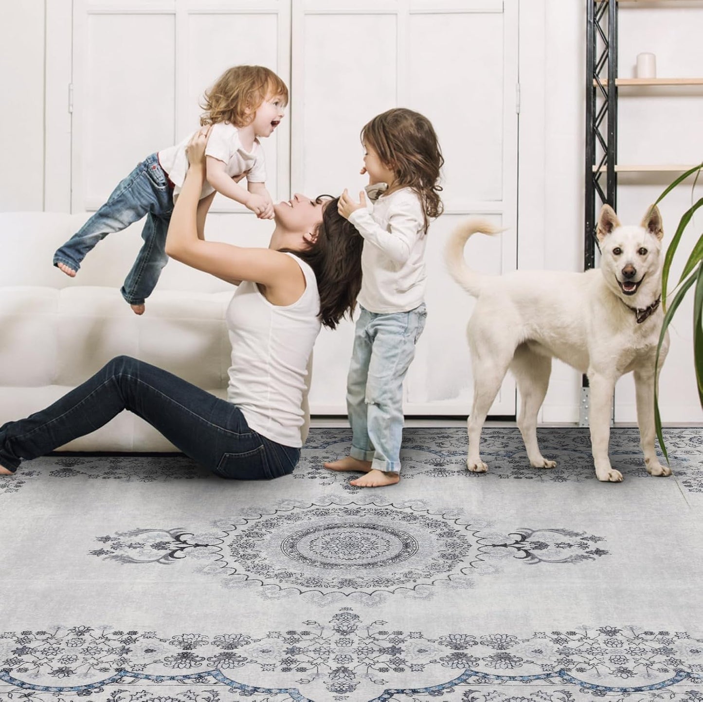 9x12 Area Rug Living Room Rugs, Stain Resistant Washable Rug, Vintage Large Non-Slip Backing, Low Pile Lightweight Print Rug for Bedroom Dinning Room Home Office (Grey/Blue)