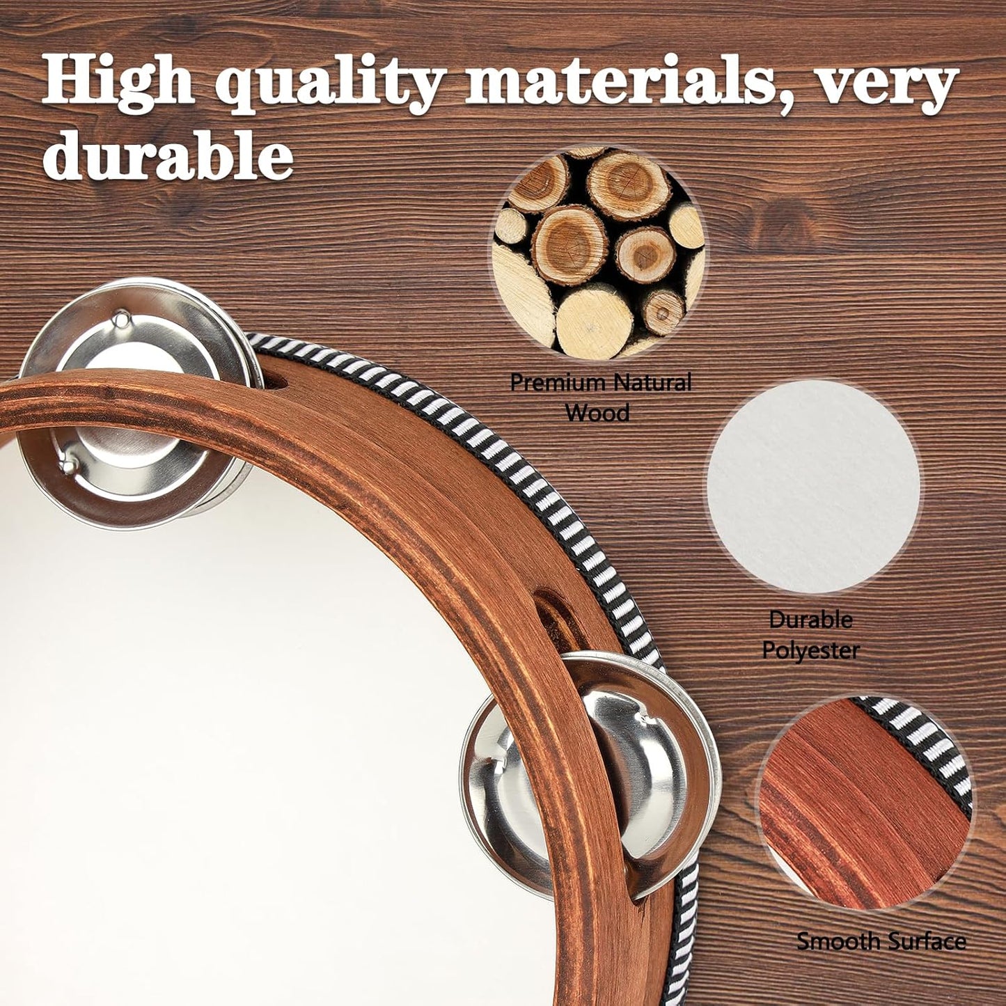 Wooden Hand Held Percussion Tambourine with Storage Bag - 6 Inches, Ideal for Church, Wedding, Party, Dance, Photo Shoot