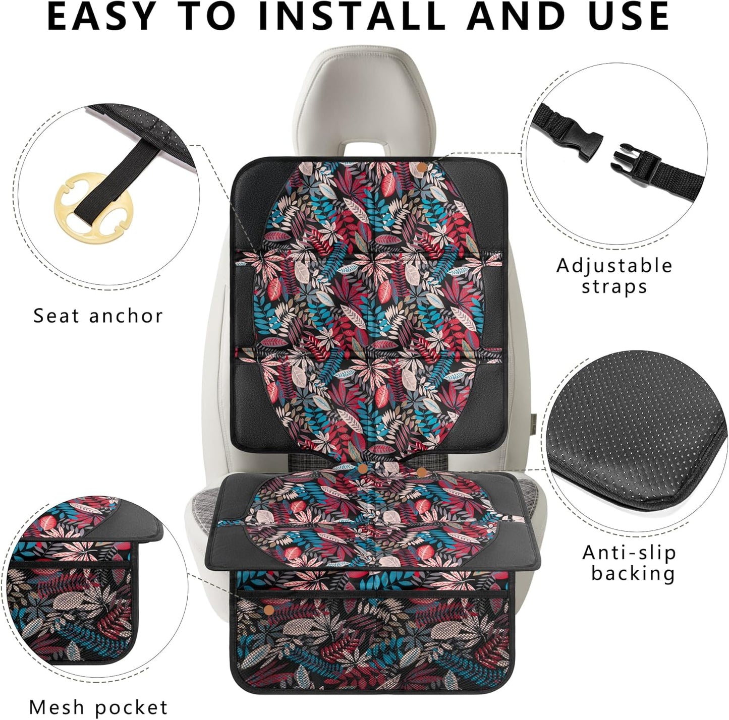 Car Seat Protector for Child Car Seat, 2 Pack Baby Car Seat Covers with Mesh Pockets & Non-Slip Backing 600D Durable Seat Protector Under Baby Car Seat for Car Back Seat (Red Leaves, Large)