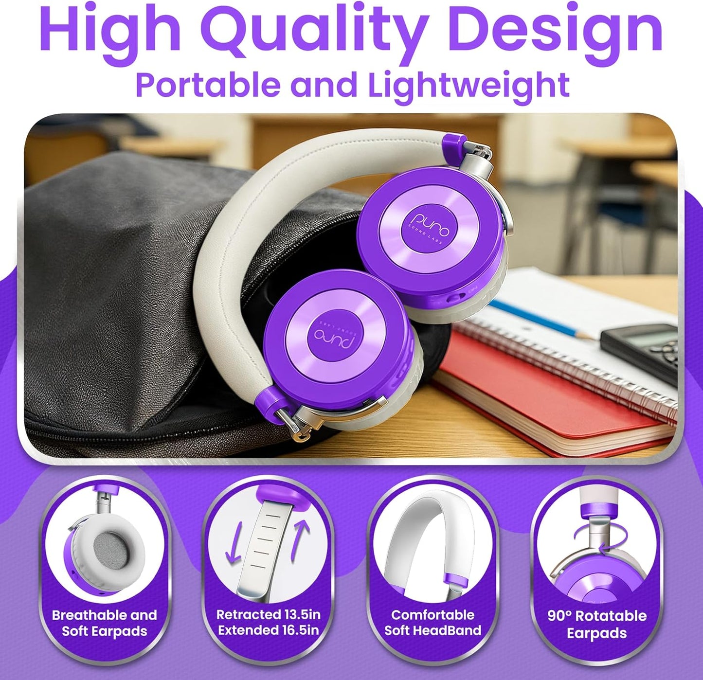 Puro Sound Labs JuniorJam Plus Volume-Limiting Wireless Bluetooth Headphones for Kids, Secure Audio with Adjustable On-Ear Design, 22-Hour Battery, Ideal for Tablets, Smartphones & PCs - Purple