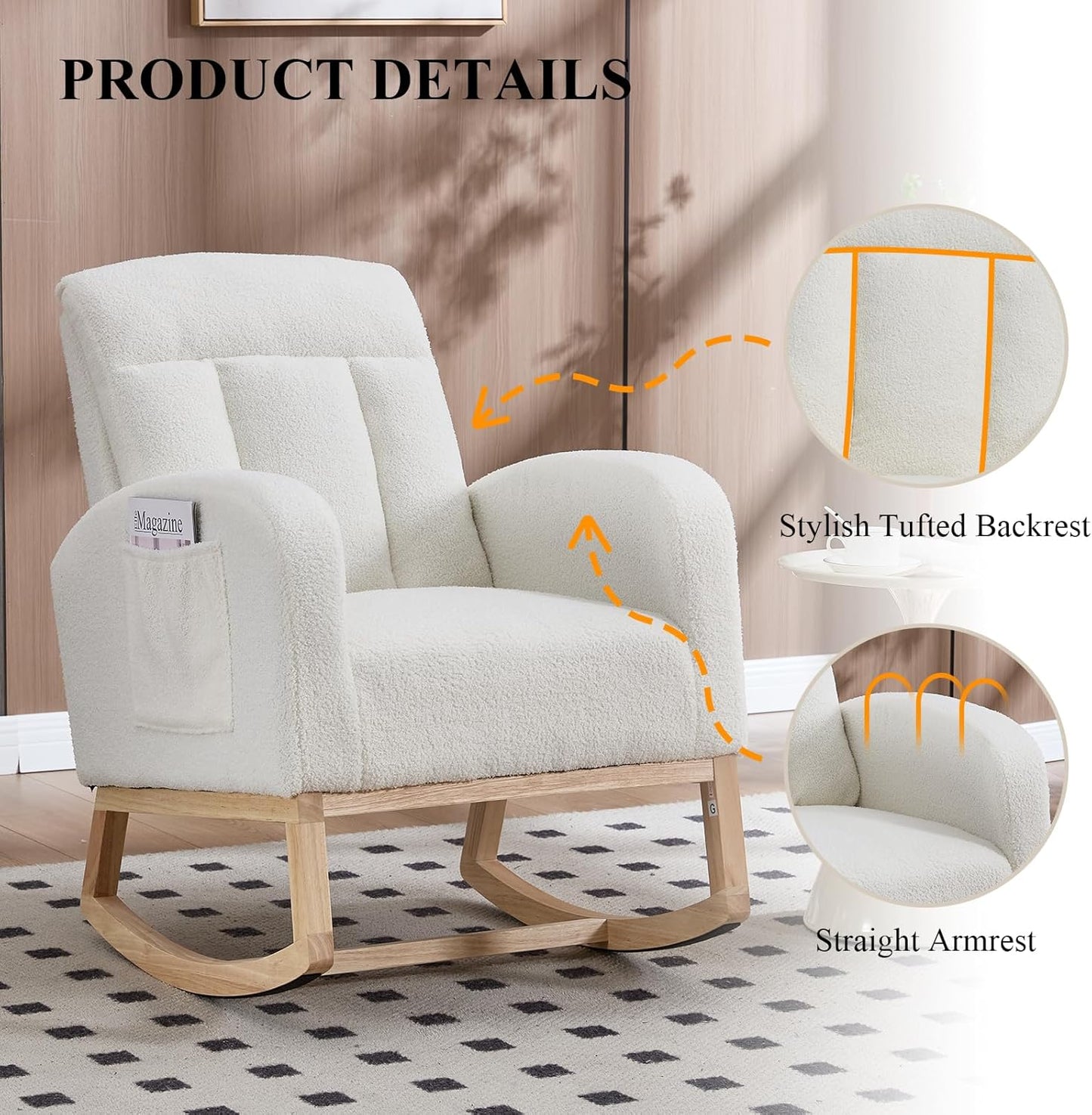 NIOIIKIT Nursery Rocking Chair, Teddy Upholstered Glider Chair with Side Pocket, Glider Rocker Chair with Tufted Back, Comfy Accent Nursing Chair for Living Room (White Modern)