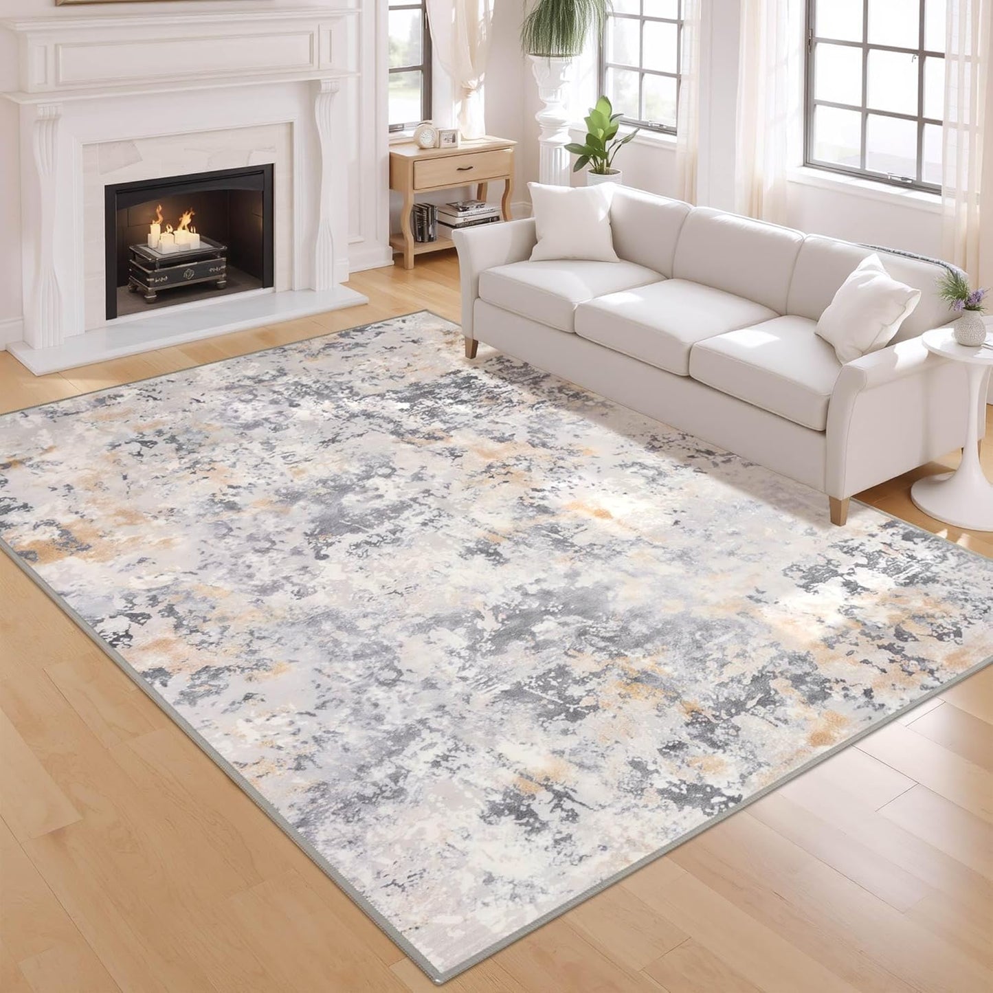 Living Room Rugs 6x9 Grey Washable Area Rug, Abstract Modern Bedroom Rugs Non Slip Stain Resistant Neutral Large Carpet for Nursery, Dining, Kids Playroom, Dining Room, Office, Gray
