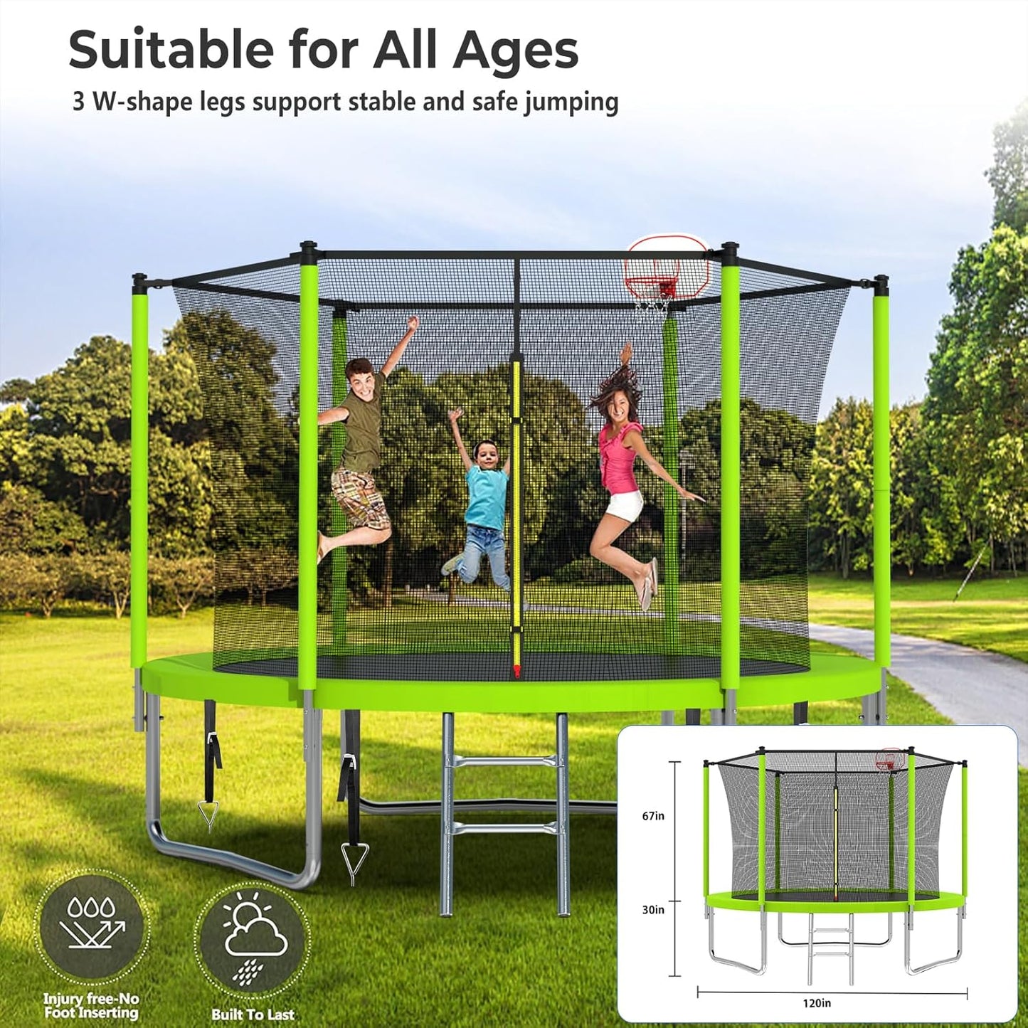 Upgraded 10/12/14/15/16FT Trampoline Outdoor, Large Kids Trampoline with Light, Stakes, Sprinkler, Backyard Trampoline with Basketball Hoop and Net, Capacity for 4-6 Kids and Adults