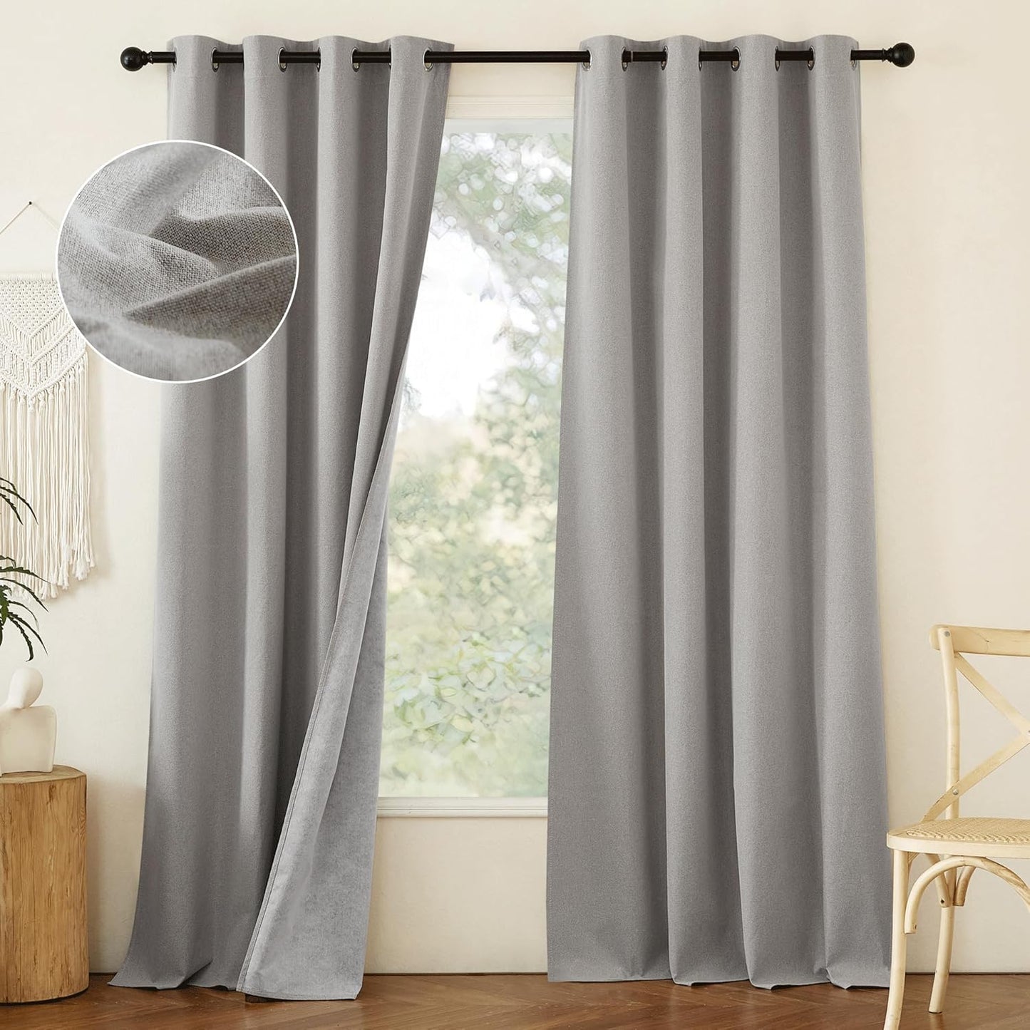 NICETOWN 100% Absolutely Blackout Faux Linen Curtains with Thermal Insulated White Liner, 52" W, 2 PCs, Light Grey, 90" Long Drapes Sweep The Floor Decorative Keep Privacy Panels for Living Room/Villa
