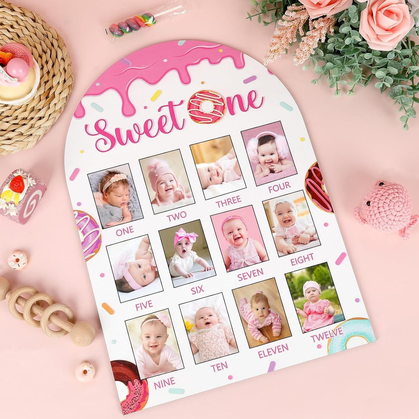 Sweet One First Year Photo Board Donuts Birthday Party Decorations Wooden Board 12 Monthly Milestone Picture Frame One Year Old Wood Sign 1st Birthday Photo Banner for Baby Girls Keepsake Gift Supply