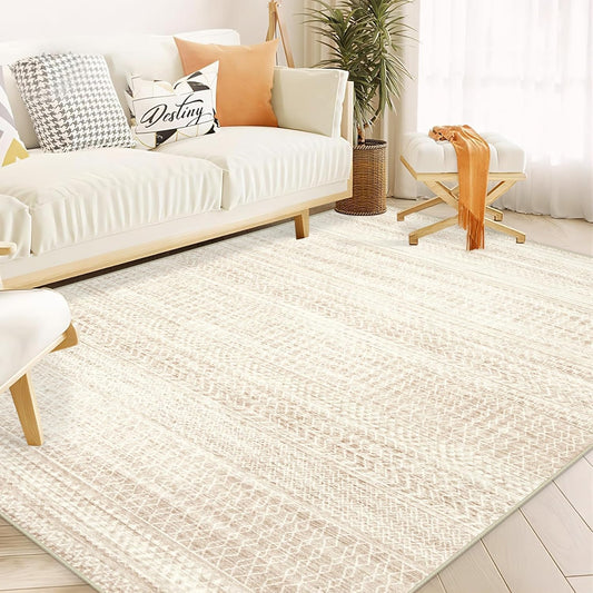 Moroccan Large Area Rug 6x9 - Soft Machine Washable Geometric Boho Distressed Farmhouse Rug Morden Stain Resistant Indoor Floor Carpet for Bedroom Dining Table Nursery Home Office(6'x9',Ivory Beige)