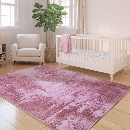 Nursery Rug for Baby Girl, 5x7 Hot Pink Washable Rugs for Living Room Bedroom Non Slip, Stain Resistant Neutral Carpet Low Pile for Classroom, Dining Room, Kids Playroom, Office