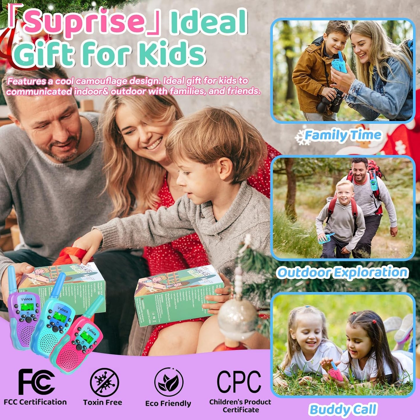 Vvinca Walkie Talkies for Kids Rechargeable 3 Pack, Toys for Boys Girls Age 3-13 Ourdoor Camping Birthday Gift, 3KM Long Range Walkie-Talkie 2 Way Radios 22 CH VOX with Li-ion Battery Flashlight