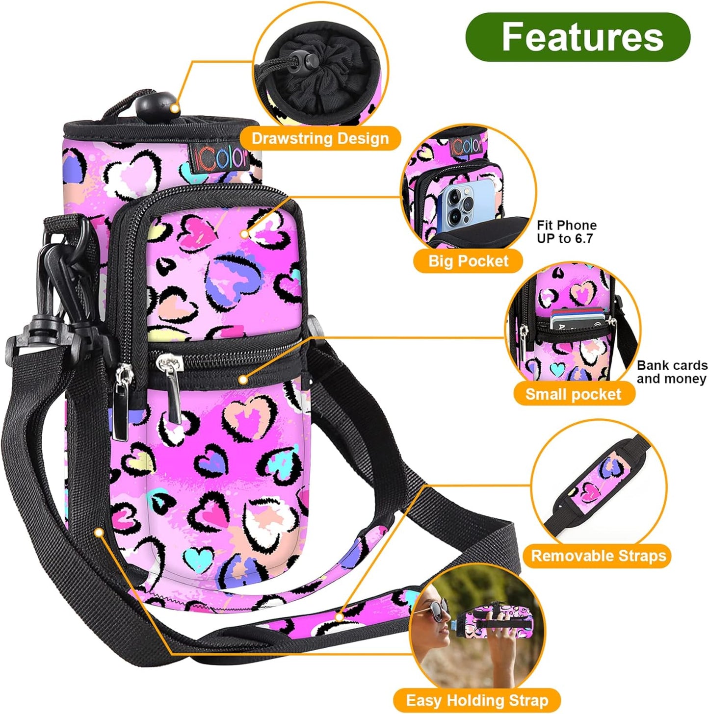 icolor Water Bottle Carrier Bag with Strap 25/32/40 oz Crossbody Bottle Holder with Phone Pocket Sling Sleeve Insulated Neoprene Water Bottle Pouch for Walking Travelling
