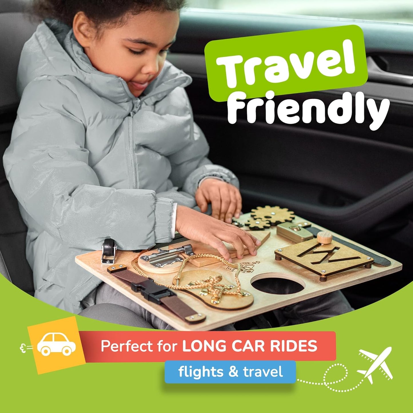 Montessori Busy Board for Toddlers, Premium Wooden Toddler Busy Board for 1 2 3 Year Old with 10 Educational Activities for Fine Motor Skills, Sensory Activity Toy for Travel, Gift for Boys & Girls