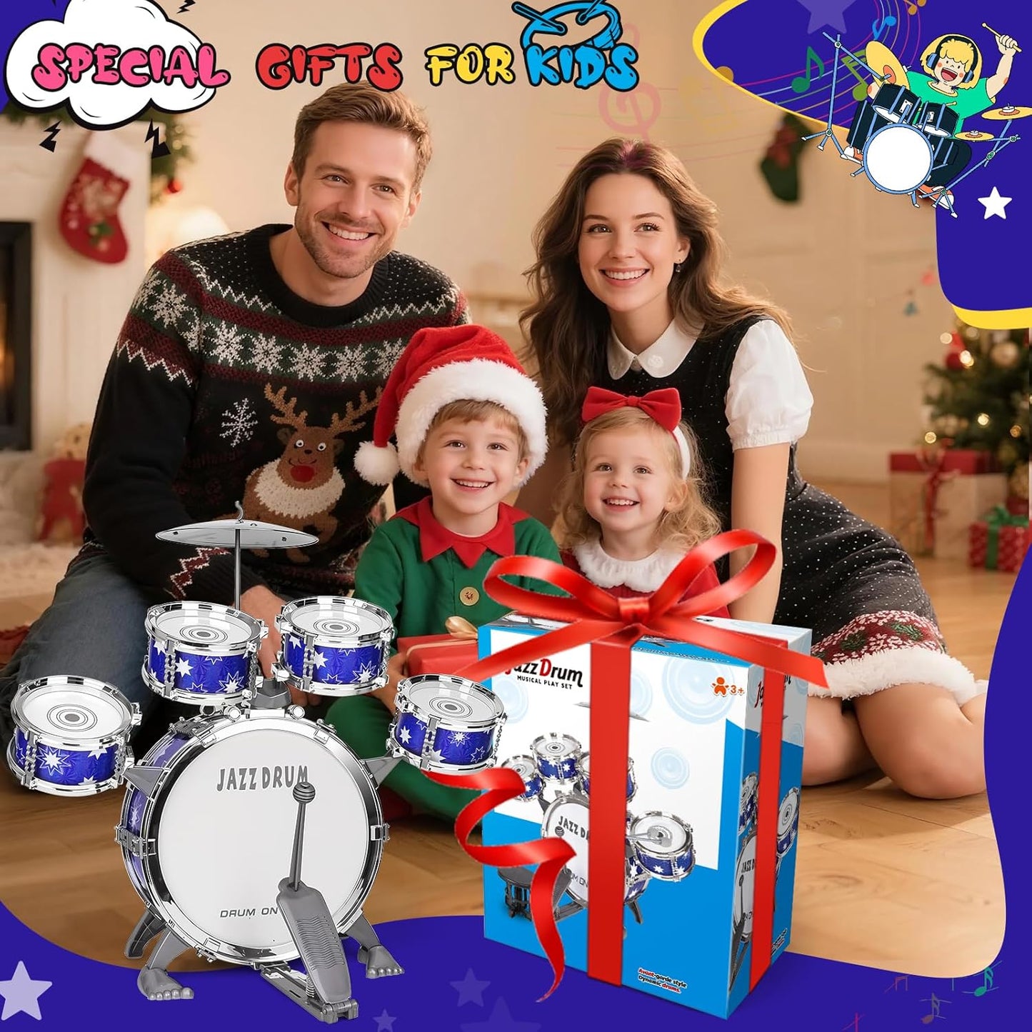 Upgraded Drum Set for Kids 3-5 Toddler Toy Ages 2-4 Jazz Drums Kit with Stool Musical Instrument Toys for 3 4 5 Year Old Girls Boys Gifts