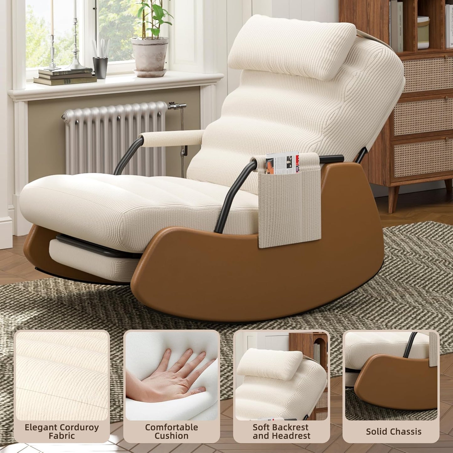 Polar Aurora Nursery Rocking Chairs with Soft Seat and Headrest,Corduroy Fabric Accent Chair with Side Pocket,Glider Rocking Chair for Bedroom/Living Room/Nursery(Beige/Brown)