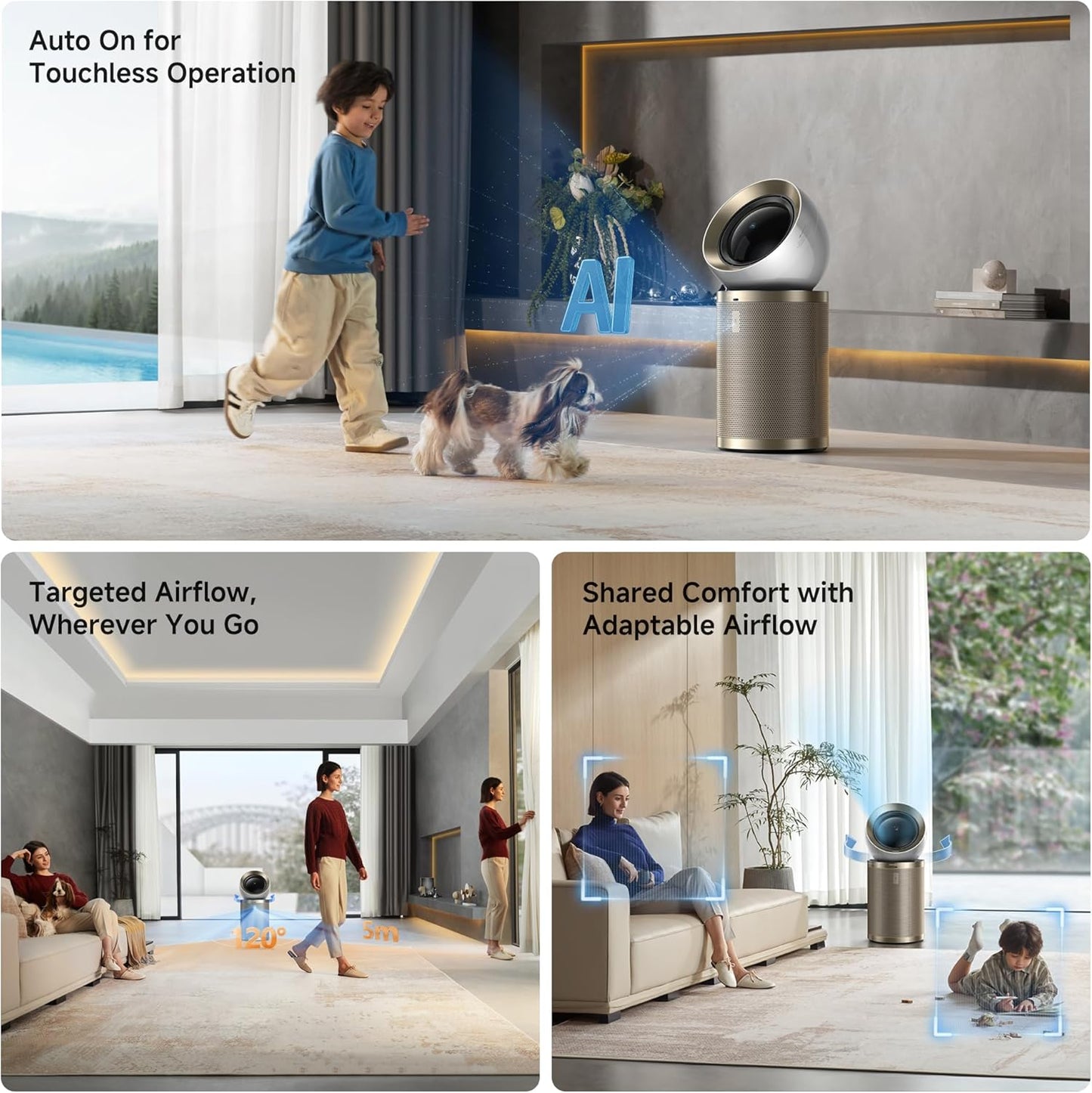 Dreame Air Purifier PM10 for Home Large Room, Cleans 5,650 ft² in One Hour with 4 Filters, Dual-way Air Oulets, Al Tracking, Air Quality Monitor with 7 Sensors, 2-in-1 Purifier & Cooler, Gold