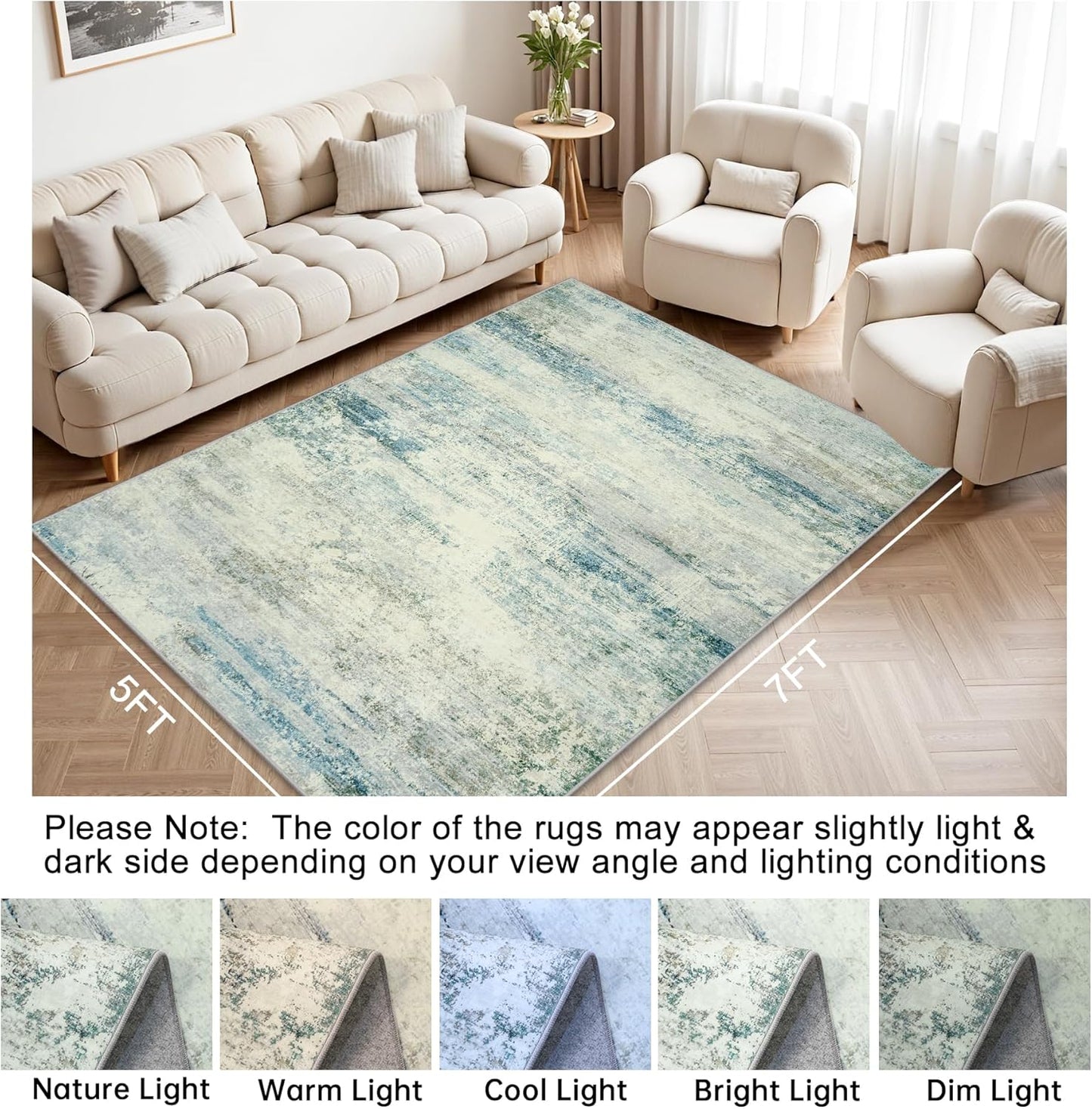 5x7 Area Rugs for Lliving Room Bedroom, Abstract Washable Rugs with Non-Slip Backing, Stain Resistant Thin Carpet for Dorm Dining Room Table Nursery Indoor Home Office-Blue/Gray