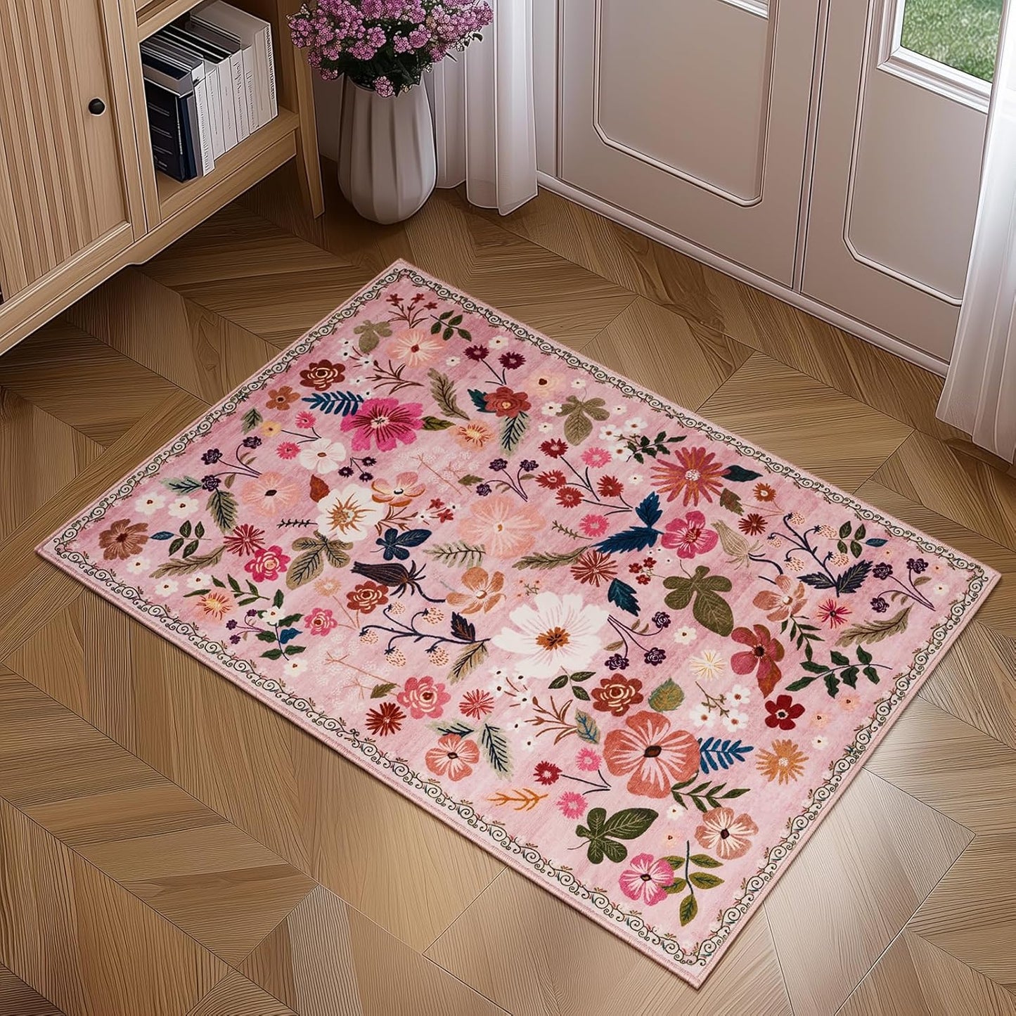 2x3 Washable Entryway Rugs Pink Boho Vintage Floral Pattern Non Slip with Rubber Backing Small Rugs Stain Resistant Faux Fur Low Pile Door Mat for Front Door Kitchen Bedroom Girls Bathroom Laundry