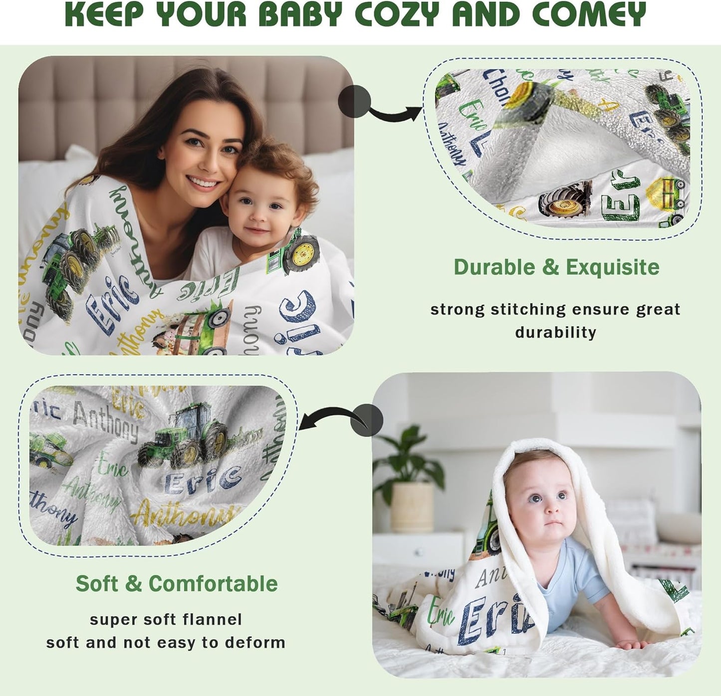 Personalized Blanket for Boy Newborn Custom Tractor Baby Blanket with Name Customized Gift for Baby Shower Christmas Birthday Gifts