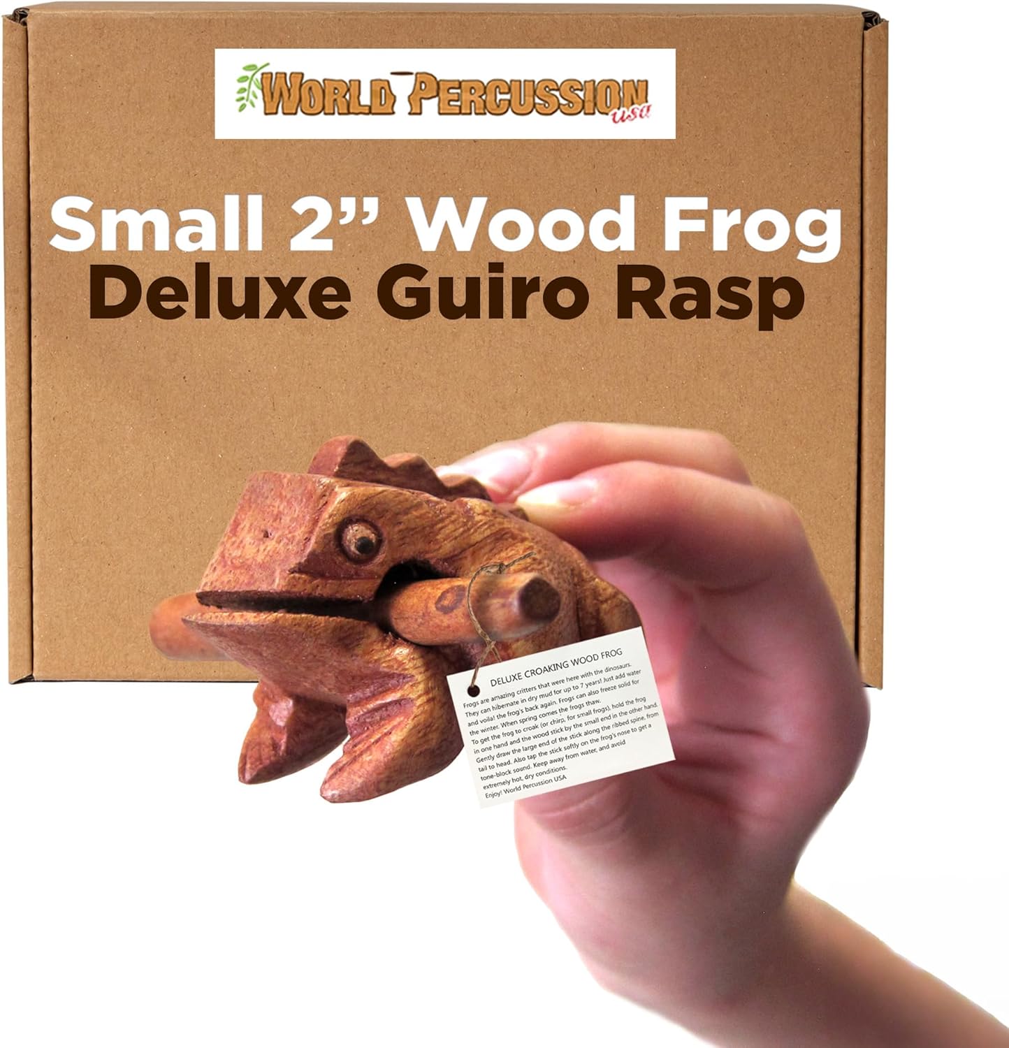 Deluxe Small 2" Wood Frog Guiro Rasp - Percussion Musical Instrument Tone Block - Wooden Instrument with Stick, Noise Maker by World Percussion USA