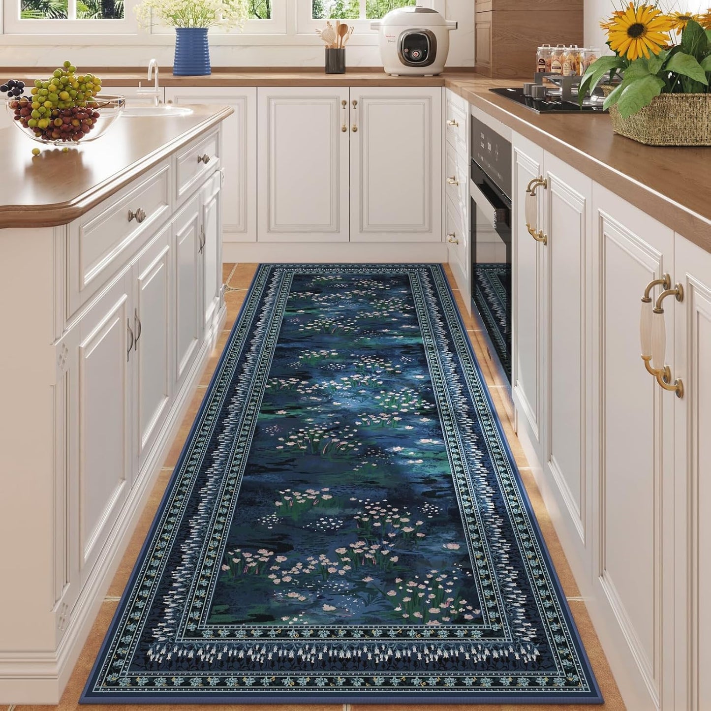 2x6 Runner Rug Impressionist-Style Vintage Kitchen Rugs Non Slip Washable Soft Carpet Runner for Kitchen Laundry Bedroom Bathroom, Blue